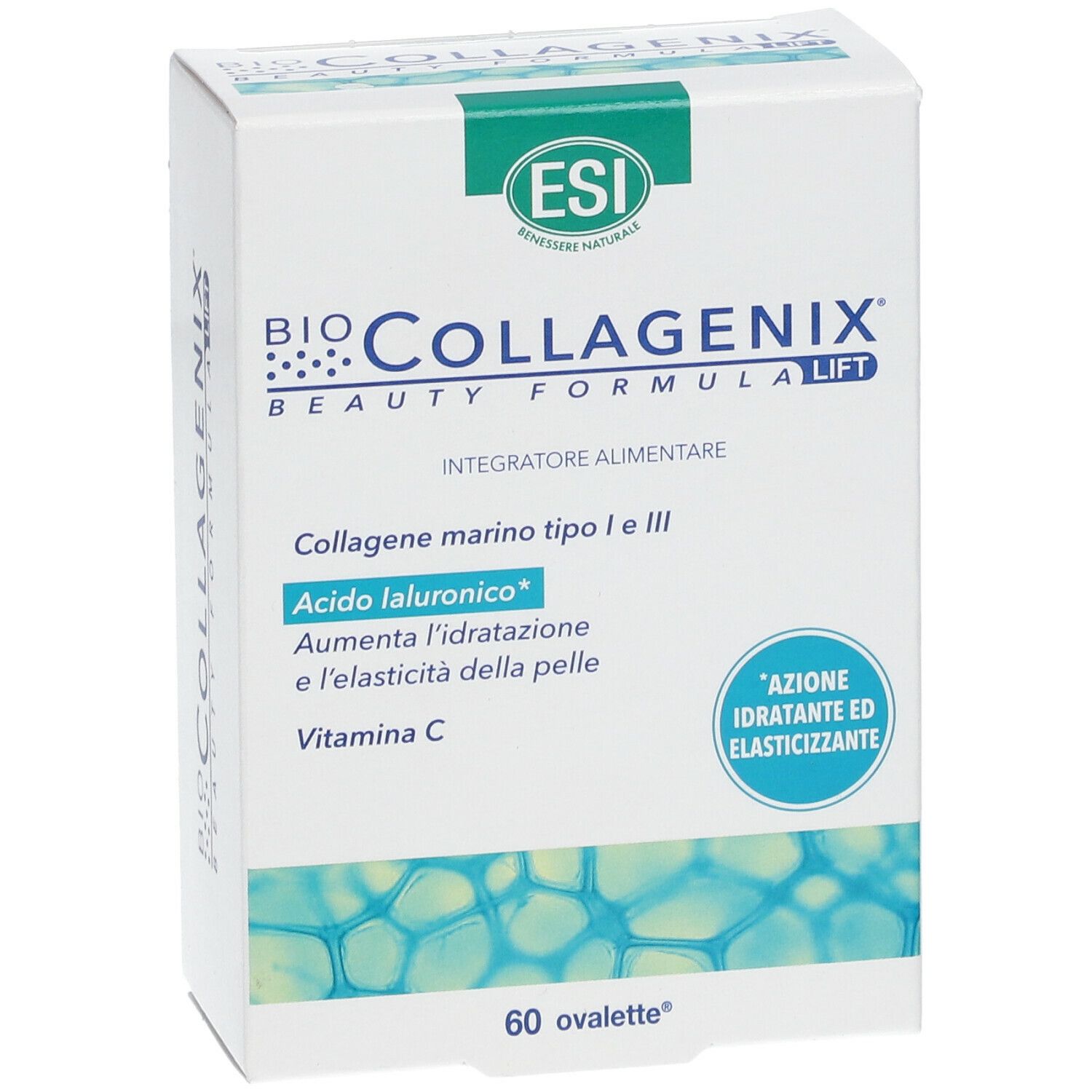 Scatola bianca BIO COLLAGENIX. Contiene 60 ovalette. Logo ESI. Motivi blu sul lato.