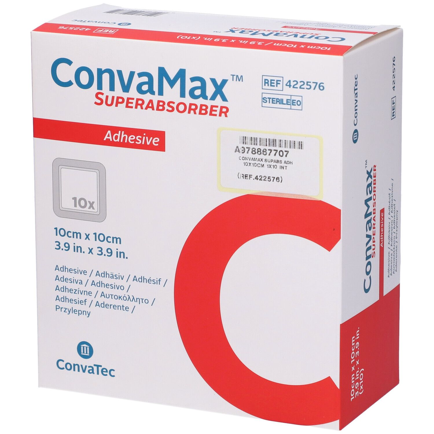 Confezione di Convamax Superabsorber Adhesive. Mostra nome prodotto, dimensioni 10x10cm, e quantità 10 pezzi. Design 'C' rosso.