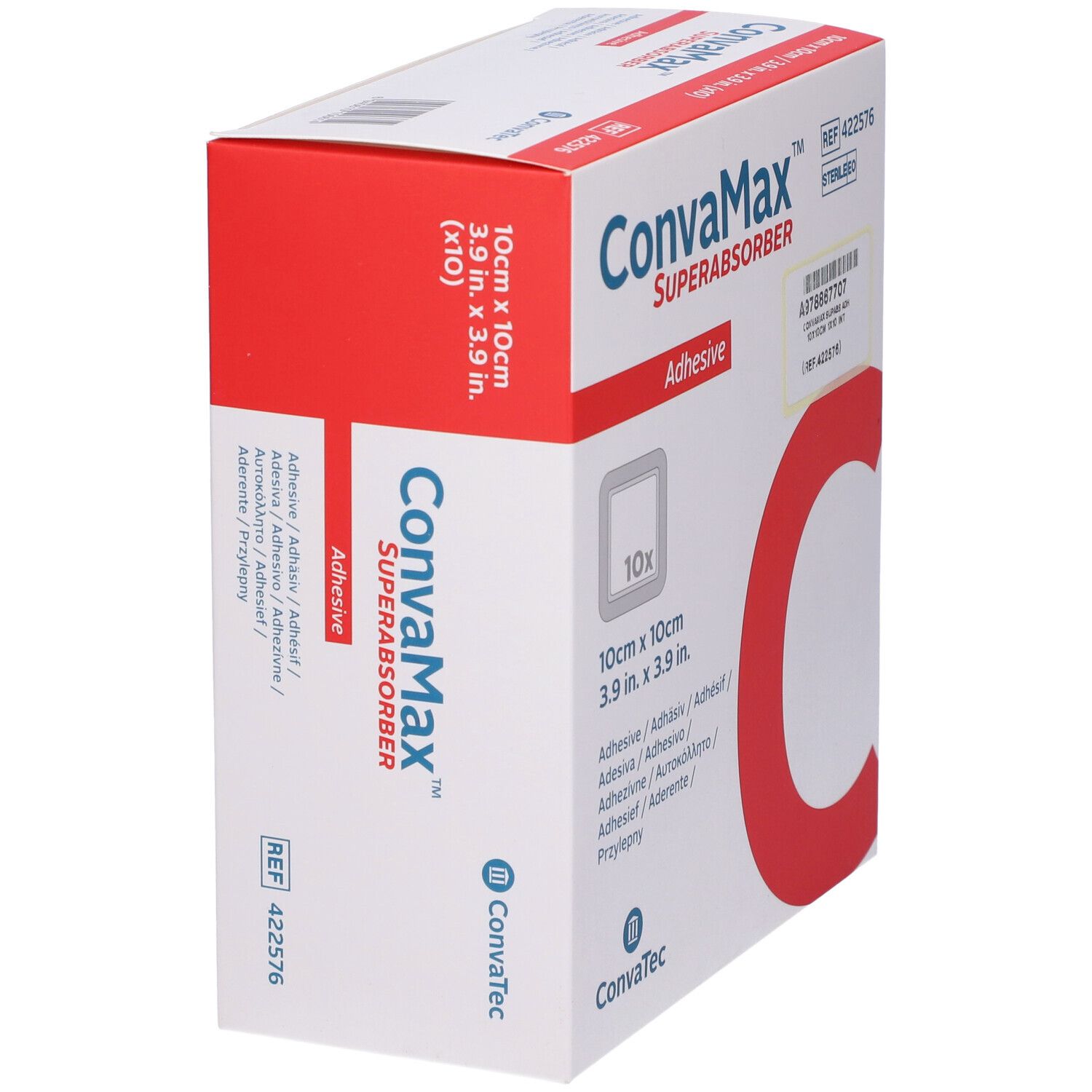 Confezione angolata di Convamax Superabsorber Adhesive. Mostra nome prodotto, dimensioni 10x10cm, e quantità 10 pezzi.