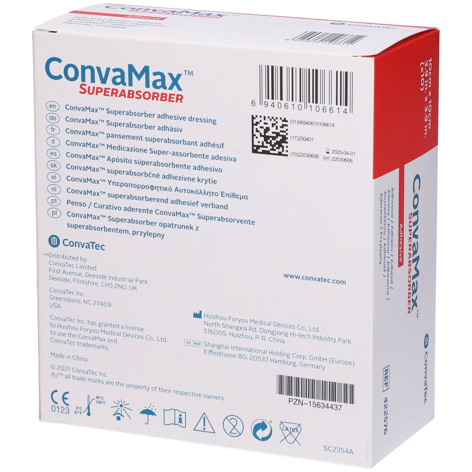 Retro della confezione Convamax Superabsorber Adhesive. Contiene informazioni sul prodotto, dettagli del produttore e certificazioni.