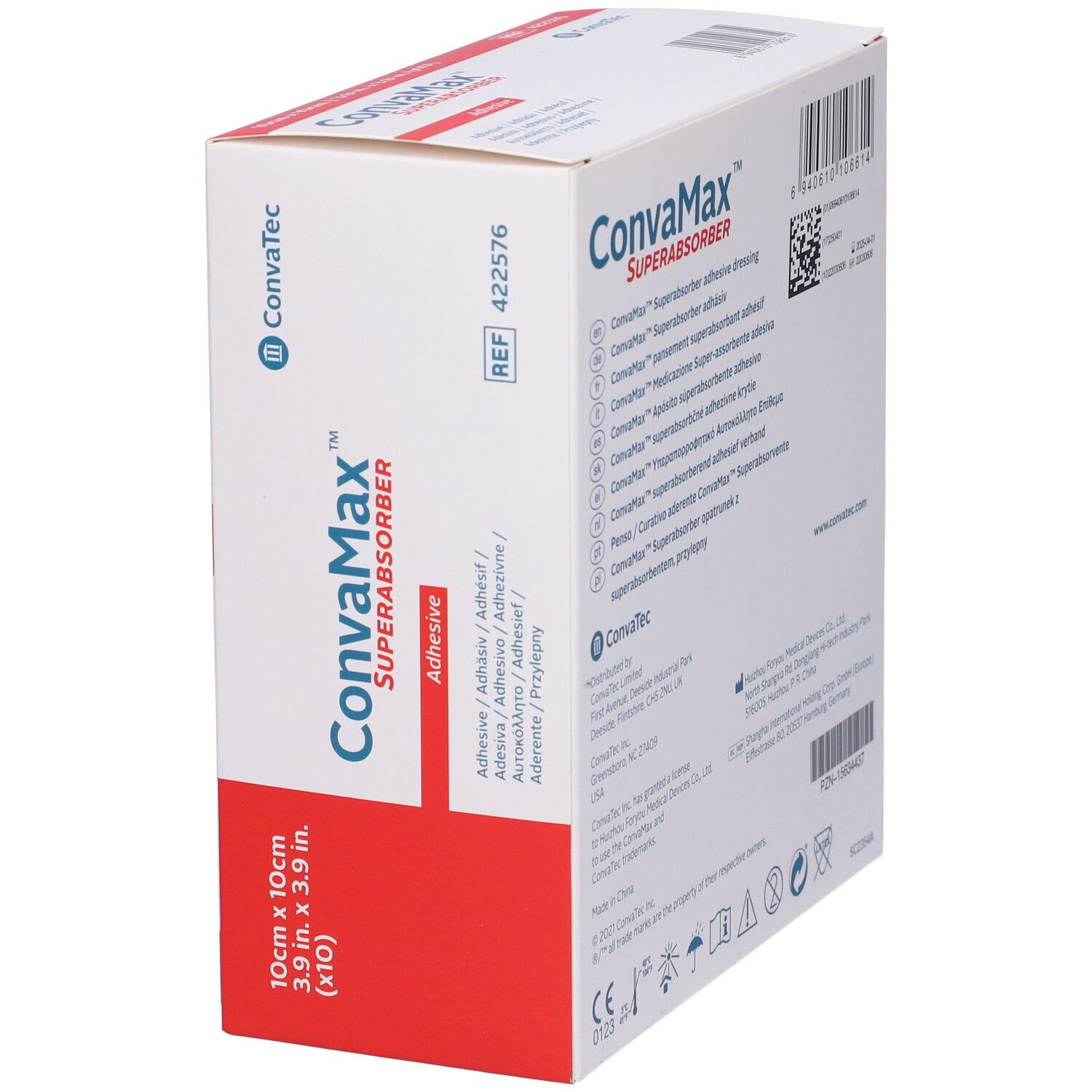Confezione angolata di Convamax Superabsorber Adhesive. Mostra nome prodotto, dimensioni 10x10cm e logo del produttore.
