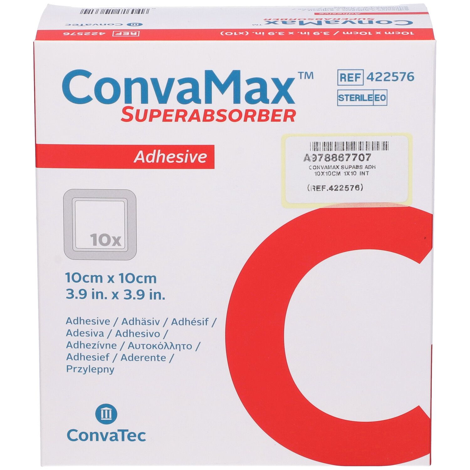 Vista frontale della confezione Convamax Superabsorber Adhesive. Mostra nome prodotto, dimensioni 10x10cm e quantità 10 pezzi.