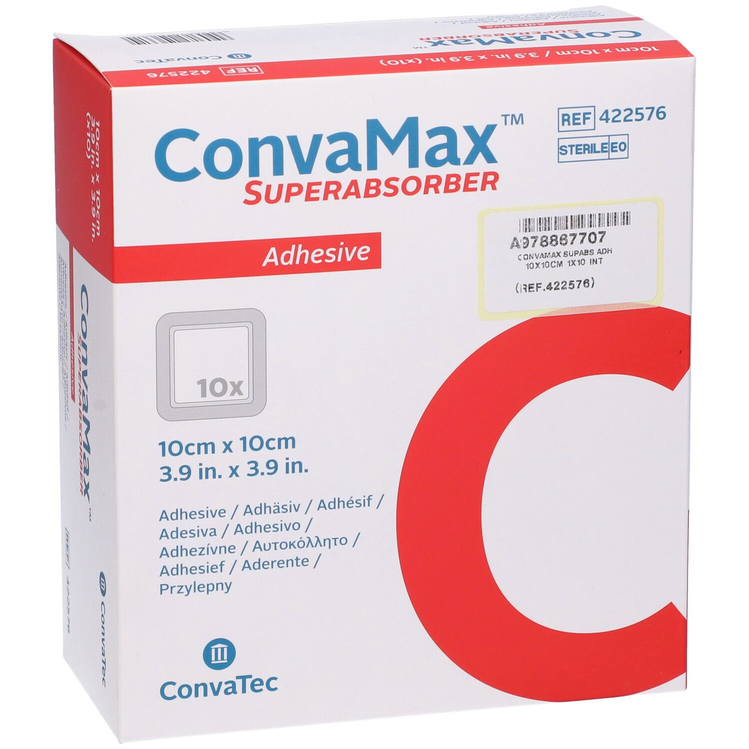 Vista frontale della confezione Convamax Superabsorber Adhesive. Mostra nome prodotto, dimensioni 10x10cm e logo del produttore.