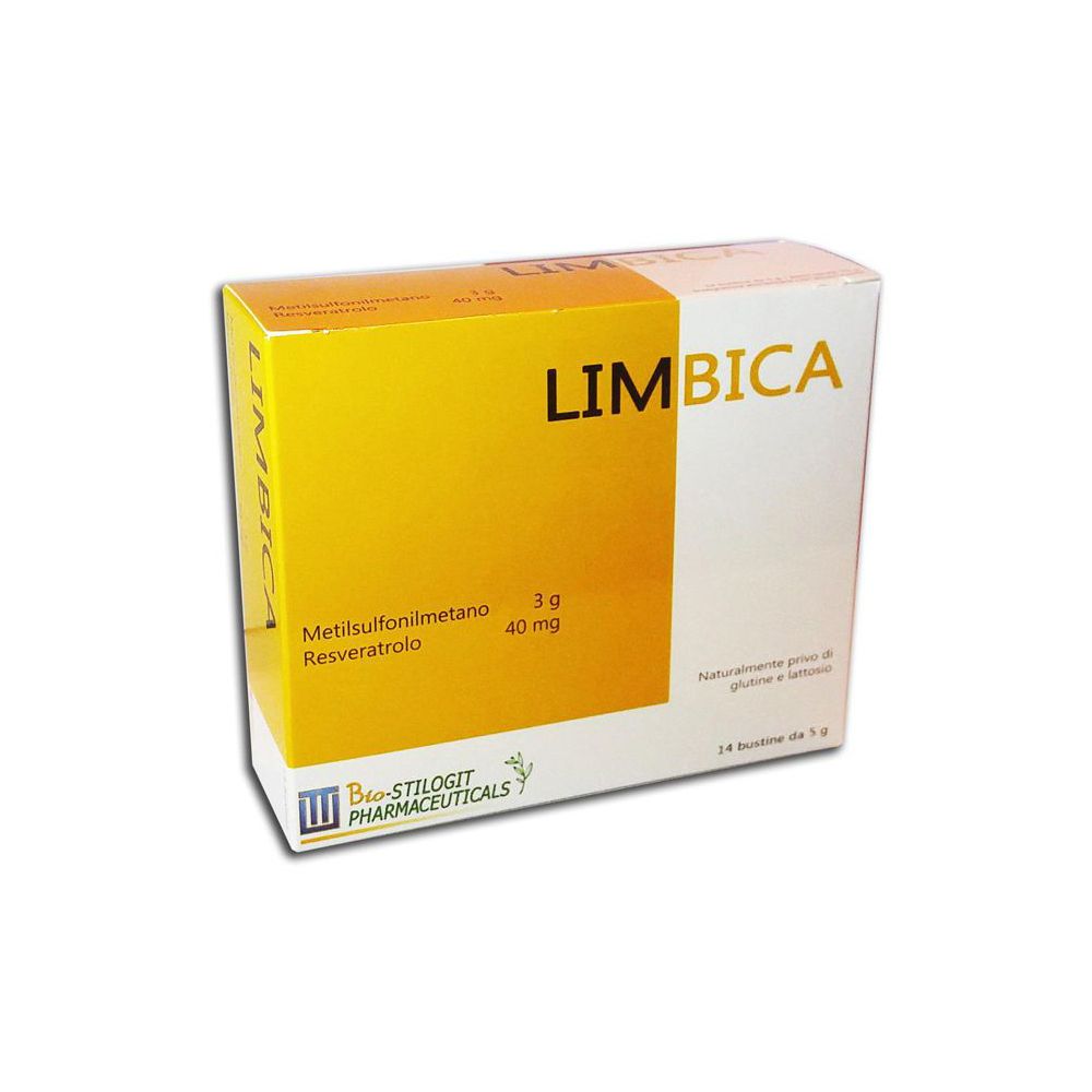 Scatola gialla e bianca con scritta LIMBICA. Ingredienti e logo Bio-Stilogt Pharmaceuticals.