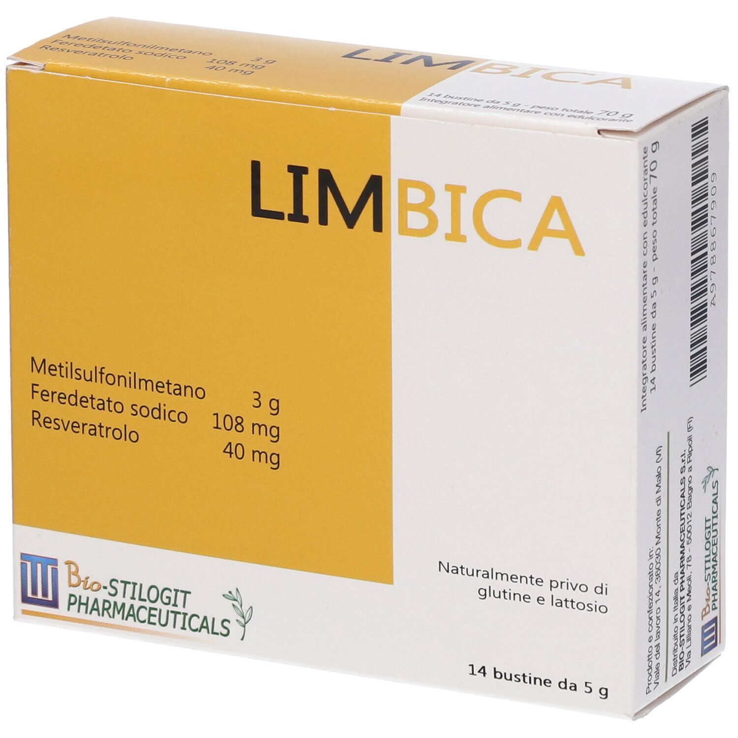 Scatola gialla e bianca con scritta LIMBICA. 14 bustine, elenco ingredienti, logo Bio-Stilogt Pharmaceuticals.