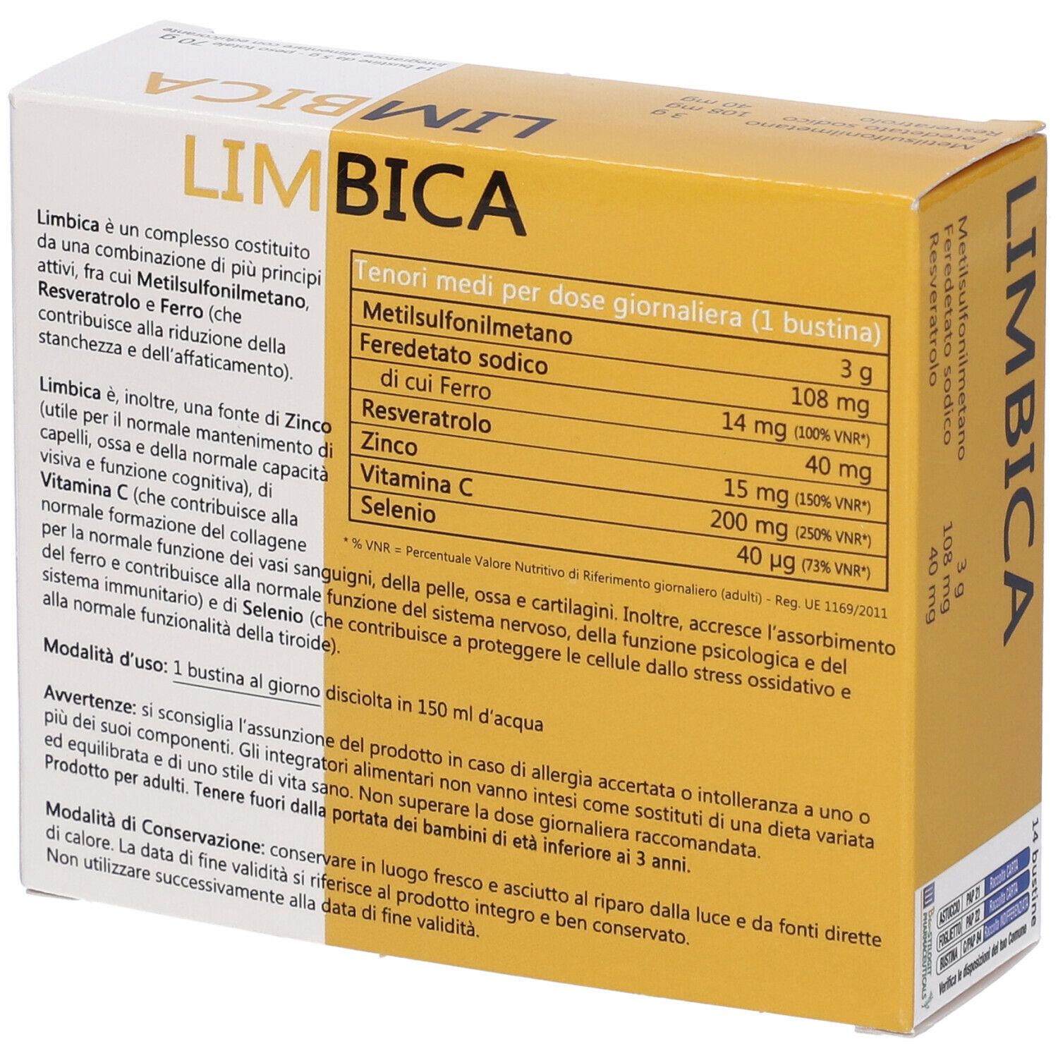 Scatola gialla e bianca con scritta LIMBICA. Elenco ingredienti, informazioni nutrizionali, logo Bio-Stilogt Pharmaceuticals.