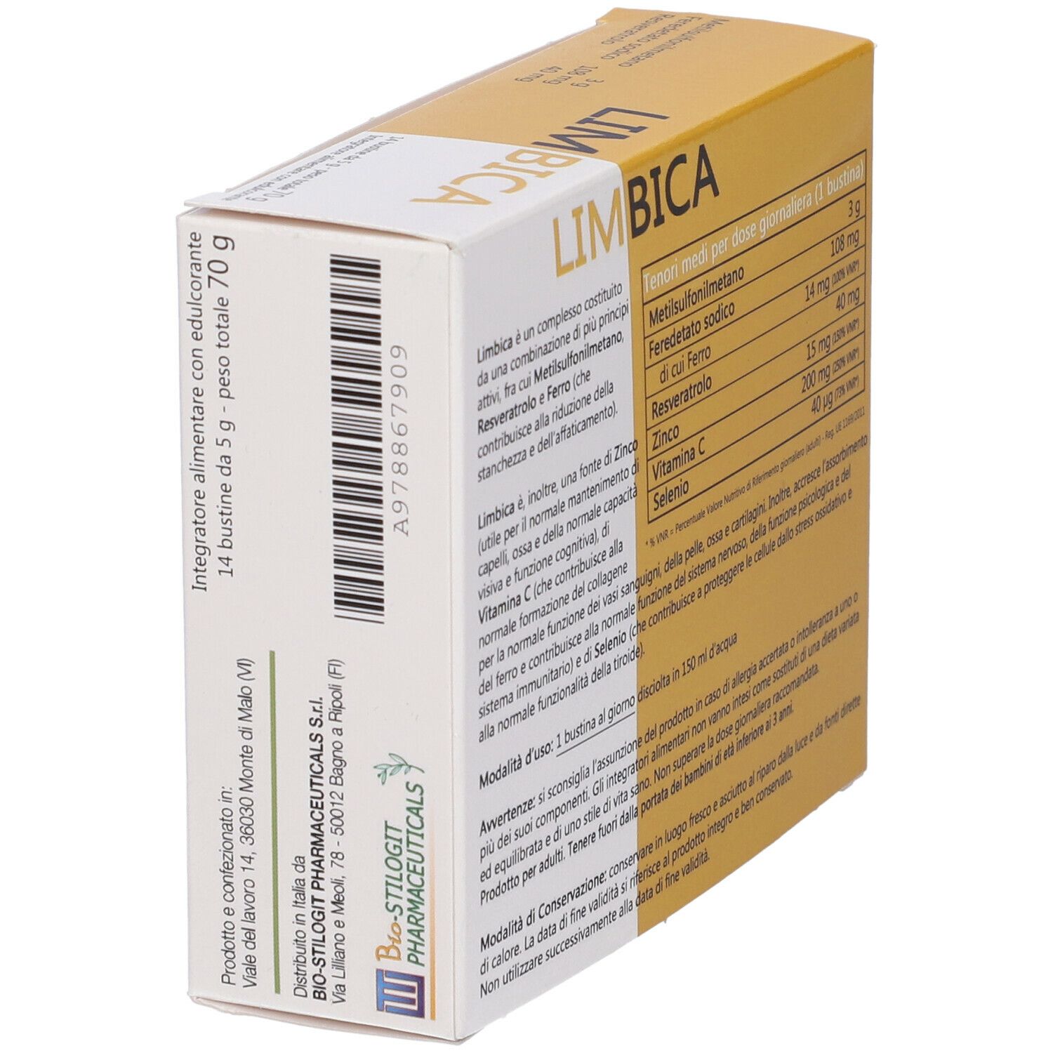 Scatola gialla e bianca con scritta LIMBICA. Elenco ingredienti, informazioni nutrizionali, logo Bio-Stilogt Pharmaceuticals.