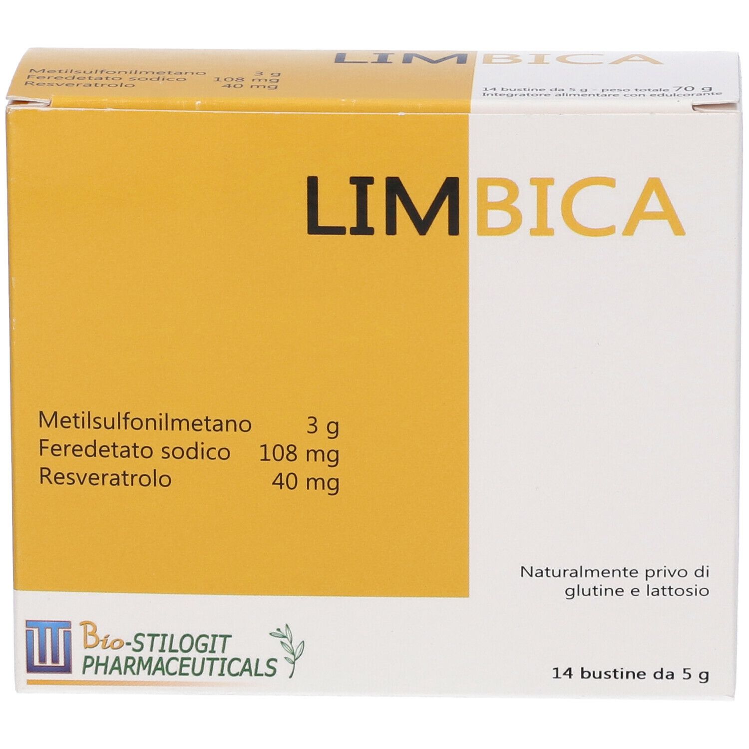 Scatola gialla e bianca con scritta LIMBICA. 14 bustine, elenco ingredienti, logo Bio-Stilogt Pharmaceuticals.