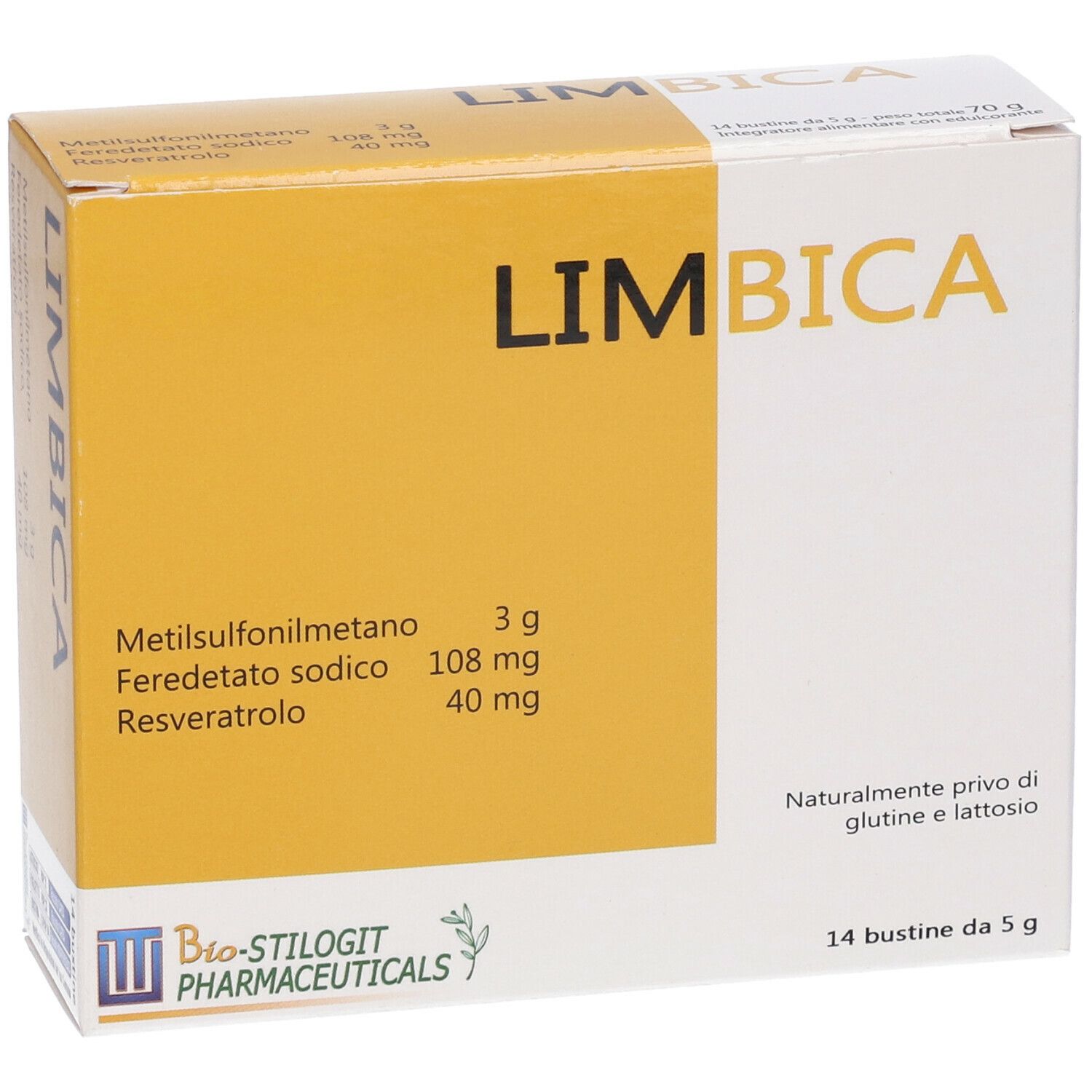 Scatola gialla e bianca con scritta LIMBICA. 14 bustine, elenco ingredienti, logo Bio-Stilogt Pharmaceuticals.