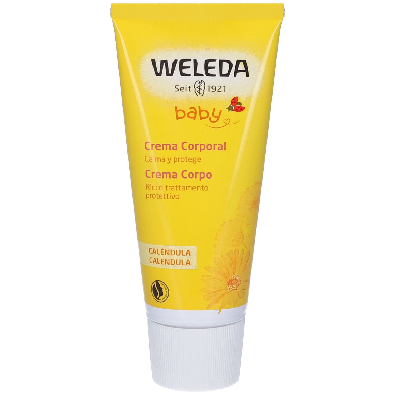Gelbe Tube mit weißem Verschluss. Aufschrift: WELEDA, baby, Crema Corporal, Calendula. Logo: Ringelblume.