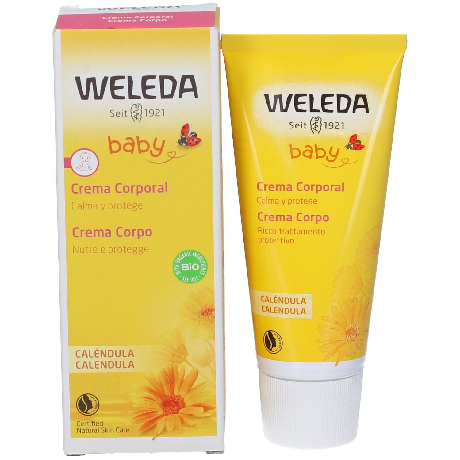 Gelbe Tube und Schachtel. Aufschrift: WELEDA, baby, Crema Corporal, Calendula. Logo: Ringelblume, Bio-Siegel.