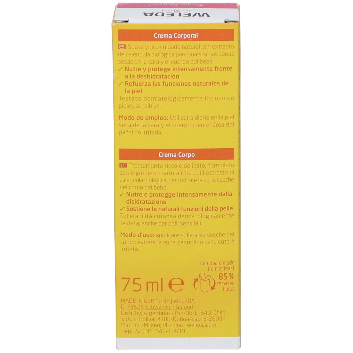 Rückseite der Schachtel. Text in Spanisch und Italienisch. Angaben zur Anwendung und Inhaltsstoffe.