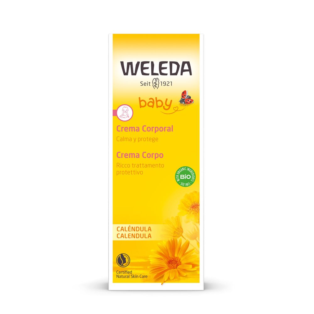 Gelbe Verpackung mit Produktinformationen. Aufschrift: WELEDA, baby, Creme Corporal, Calendula. Bio-Siegel und Zertifizierung.