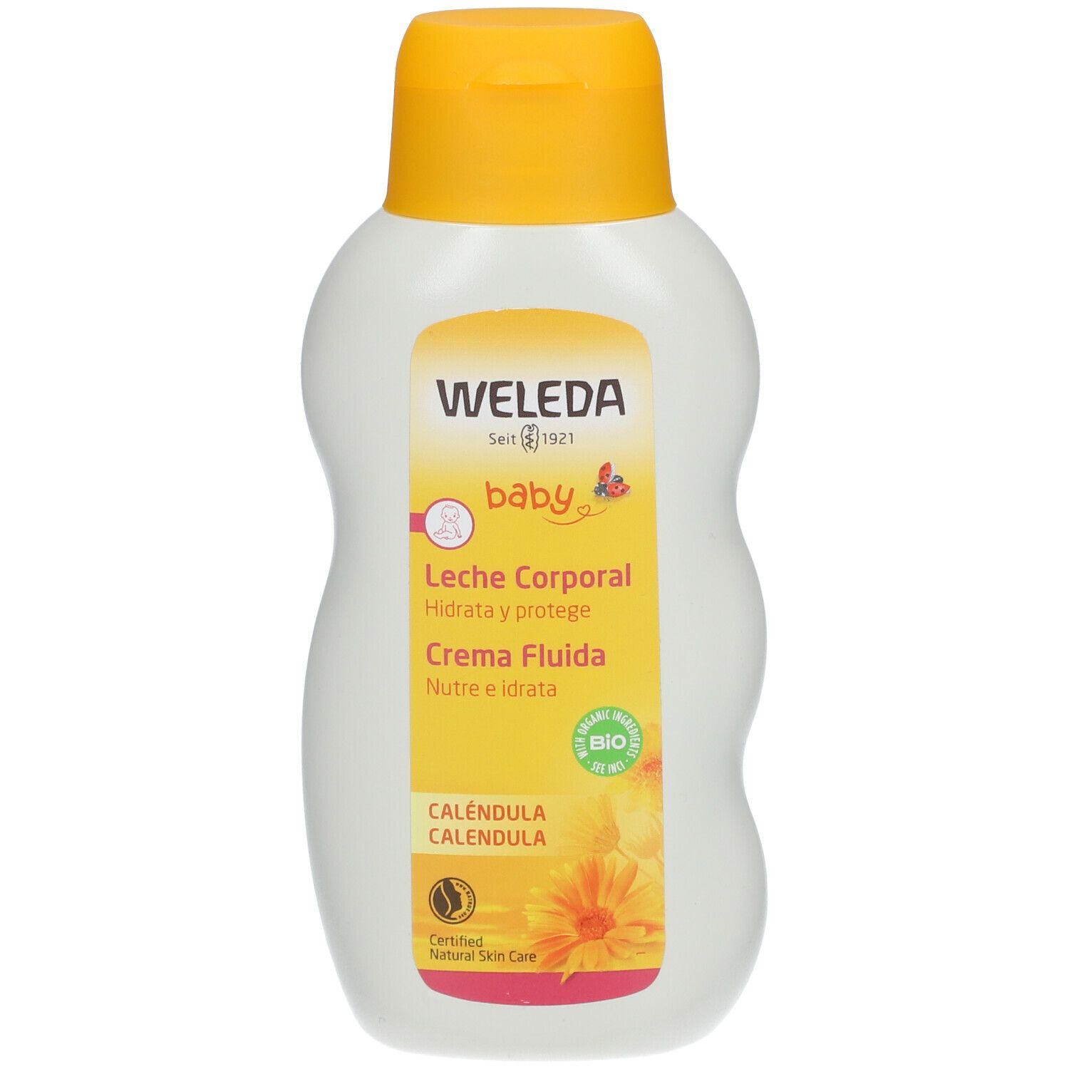 Flacone di latte corpo Weleda Baby Calendula. Bianco con tappo giallo. Scritta: Leche Corporal, Calendula. Certificazione Bio.
