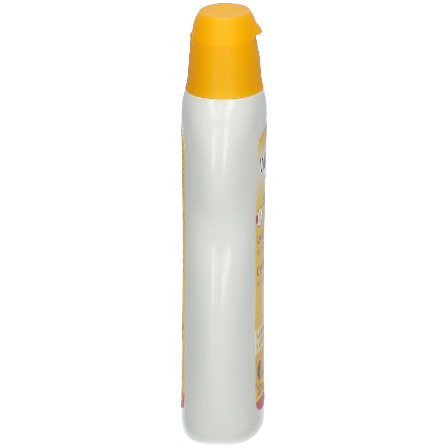Flacone di latte corpo Weleda Baby Calendula, vista laterale. Bianco con tappo giallo. Forma slanciata.