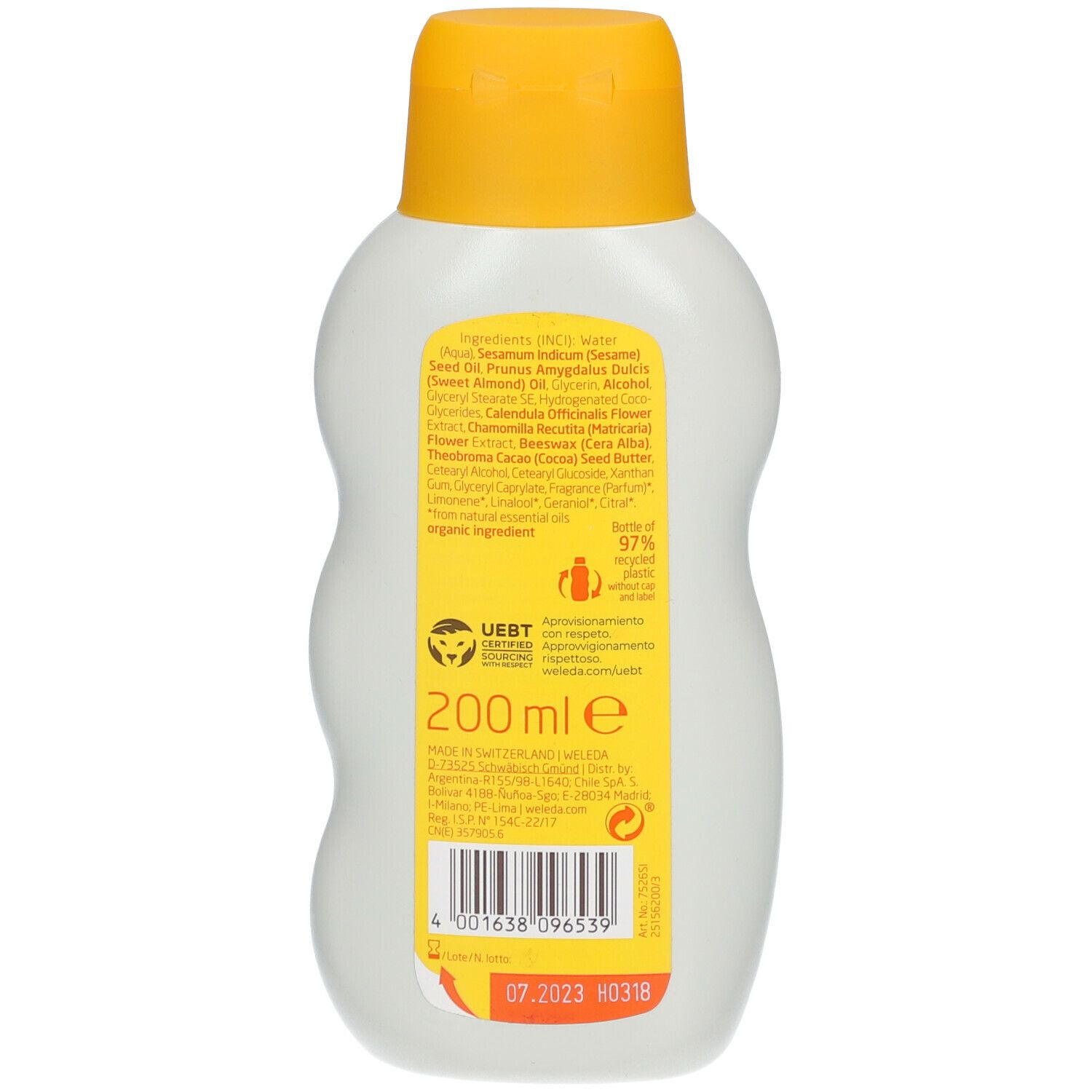 Retro del flacone di latte corpo Weleda Baby Calendula. Ingredienti, 200 ml, simbolo di riciclo, data di scadenza.