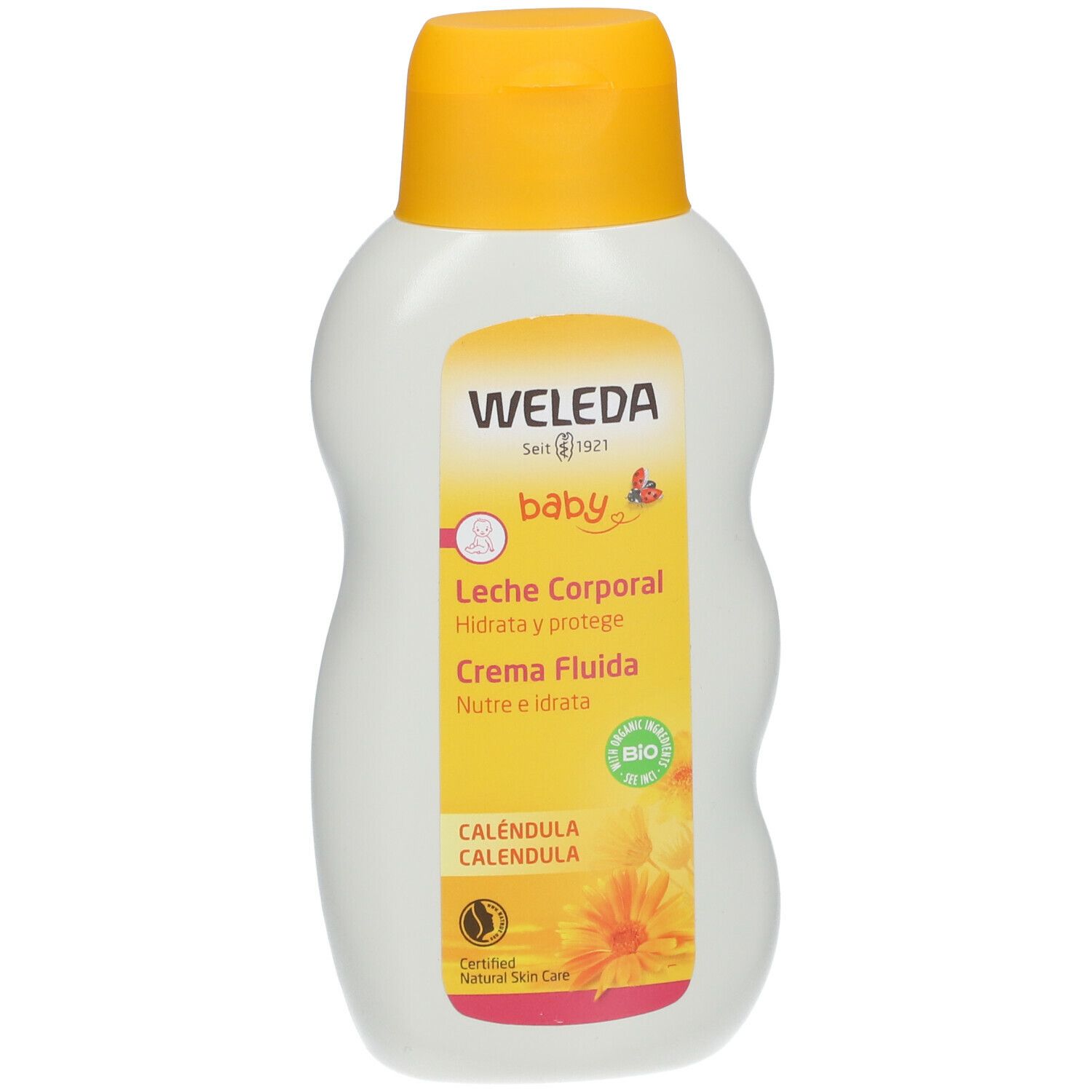 Flacone di latte corpo Weleda Baby Calendula. Bianco con tappo giallo. Scritta: Leche Corporal, Calendula. Certificazione Bio.
