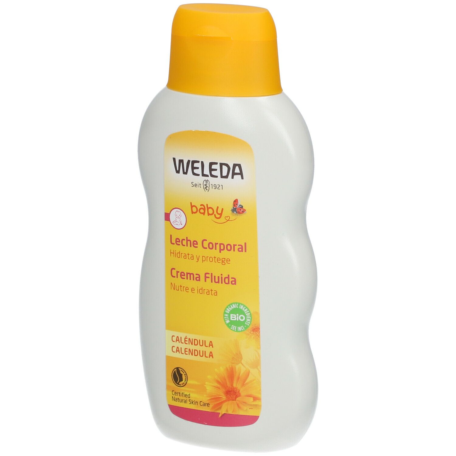 Flacone di latte corpo Weleda Baby Calendula. Bianco con tappo giallo. Scritta: Leche Corporal, Calendula. Certificazione Bio.