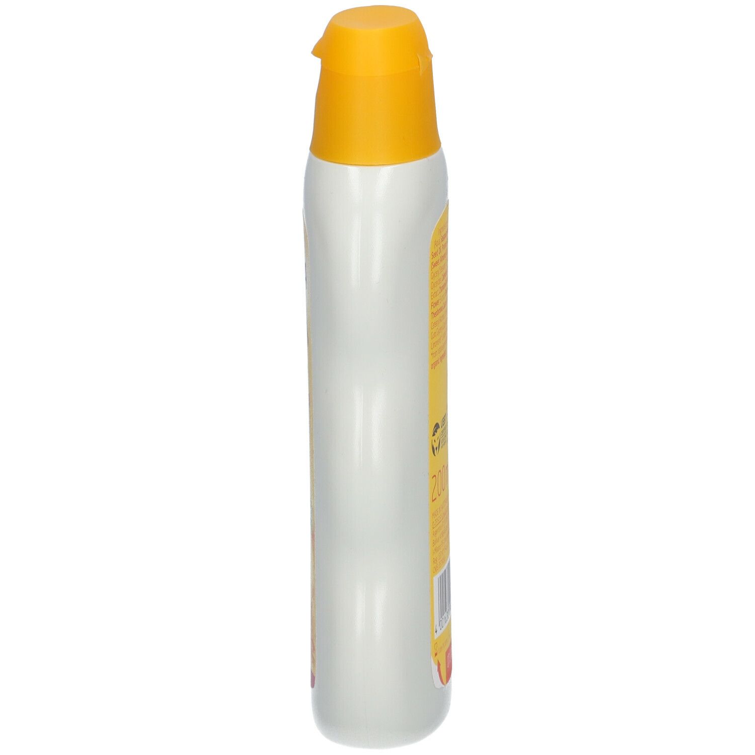 Flacone di latte corpo Weleda Baby Calendula, vista laterale. Bianco con tappo giallo. Forma slanciata.
