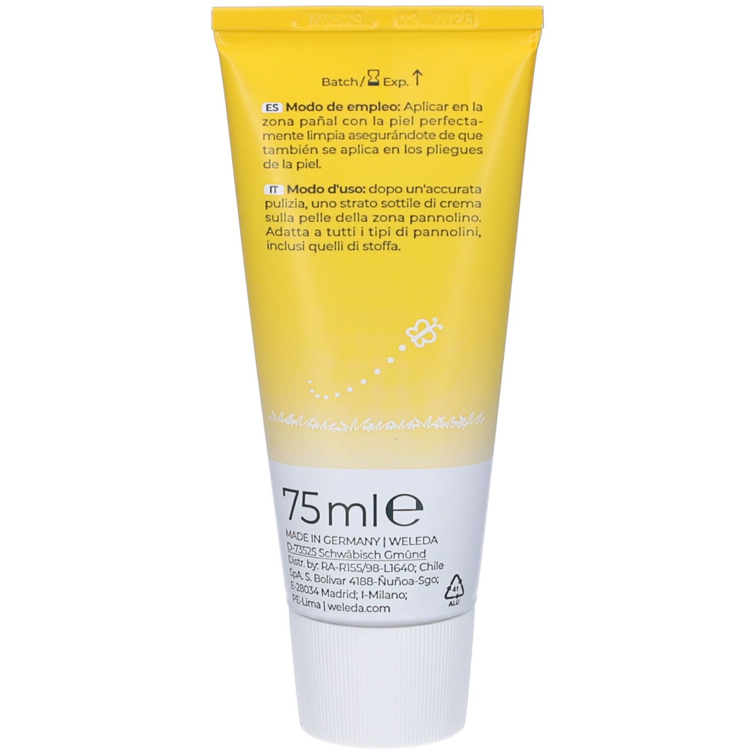 Rückseite der WELEDA Baby Calendula Schutzcreme Tube, 75ml.