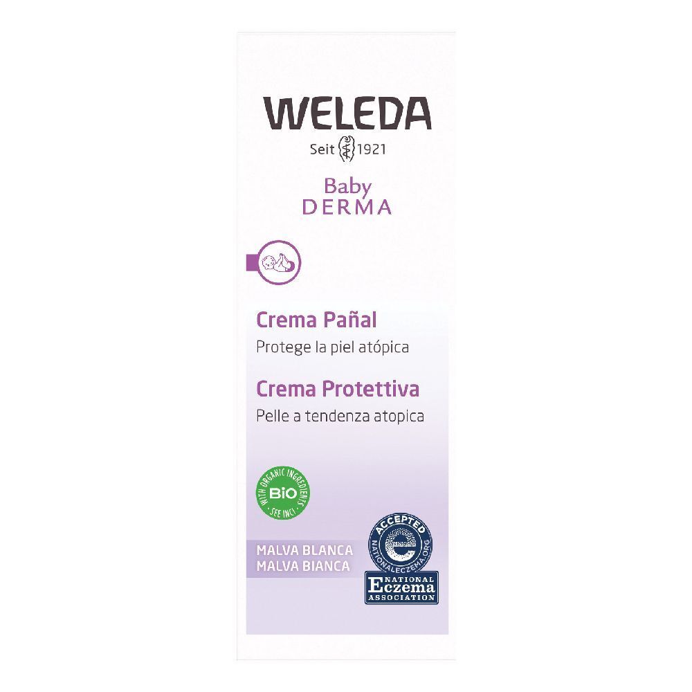 Weleda Baby Derma Creme Pañal. Tube mit Text und Logos. Bio-Siegel und Eczema Association Logo.