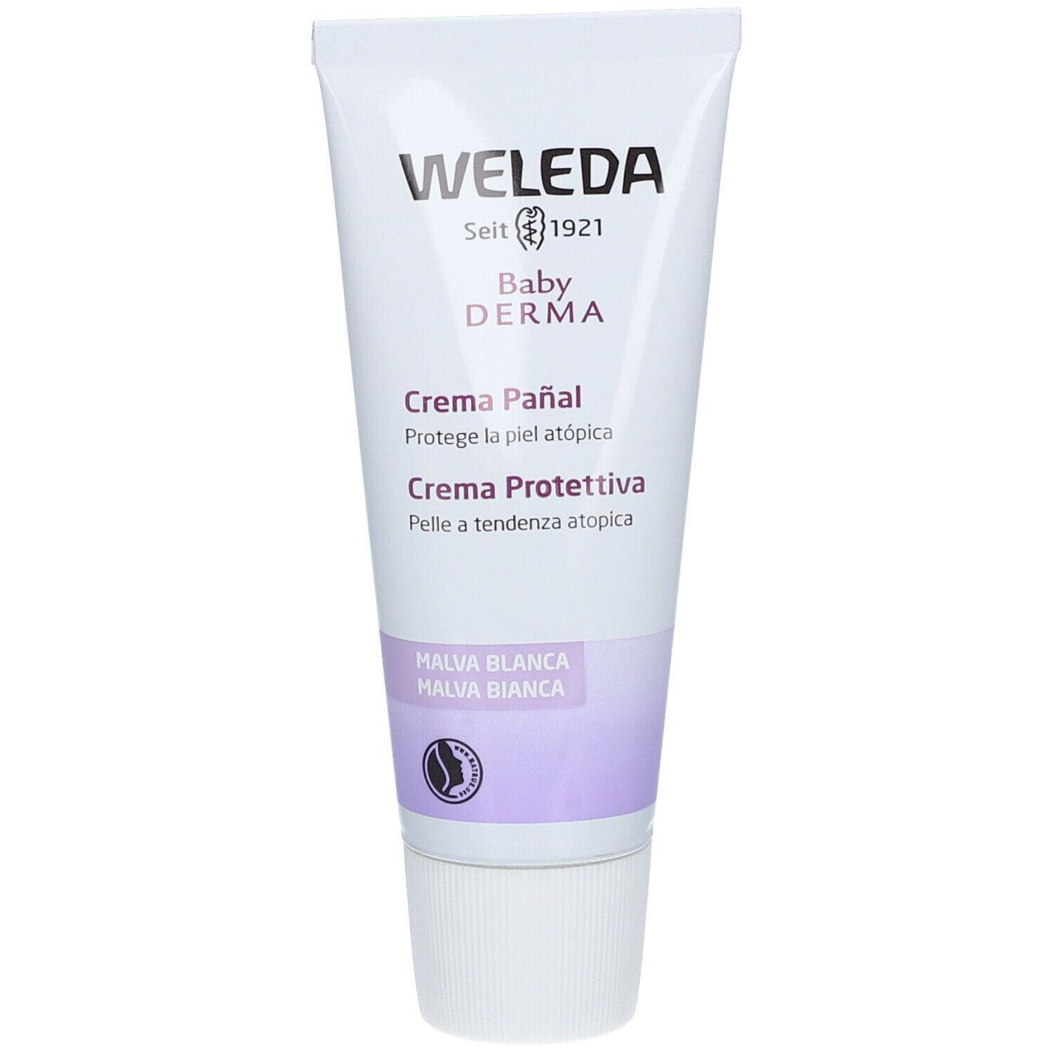 Weleda Baby Derma Creme Pañal. Tube mit Text und Logos. Eczema Association Logo.