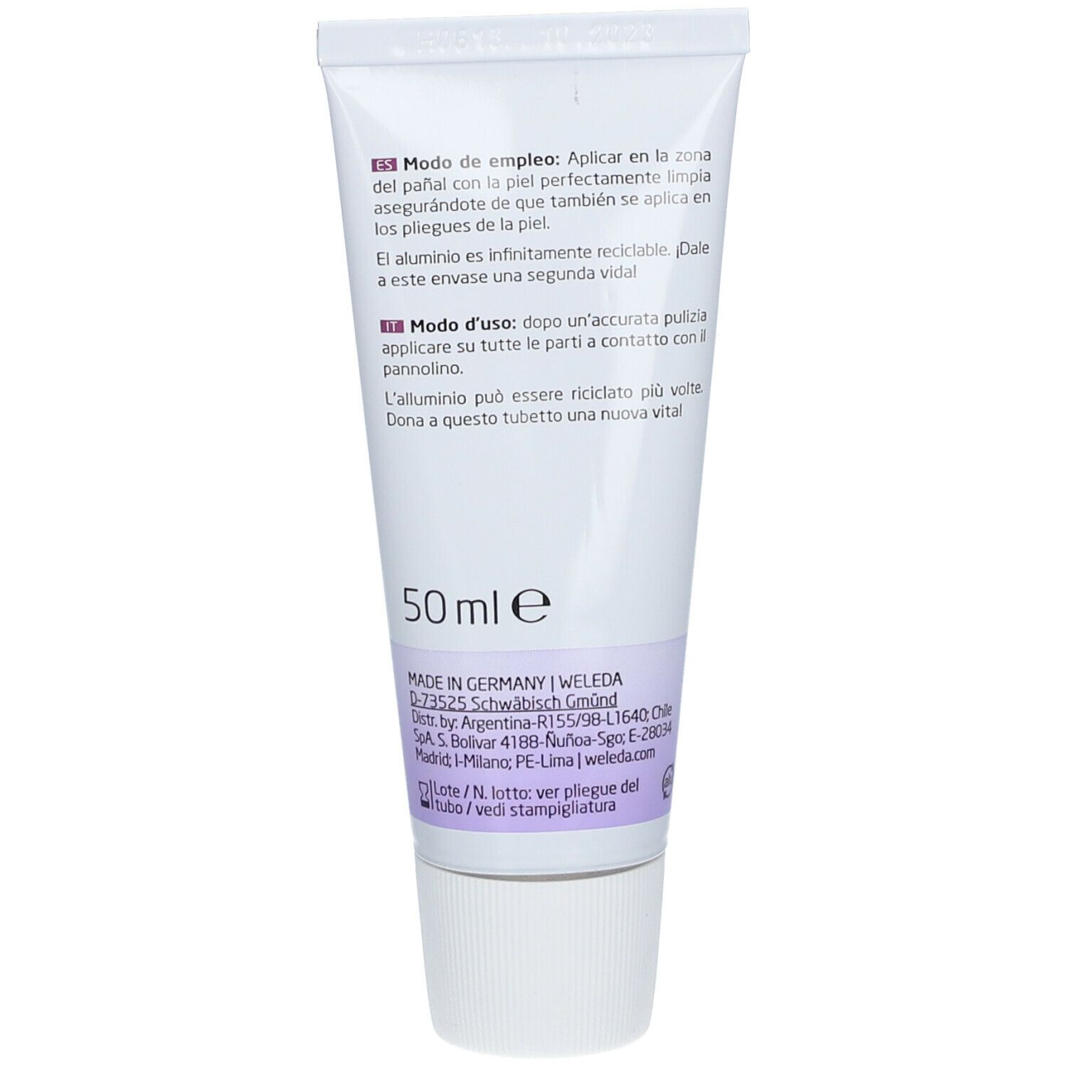Weleda Baby Derma Creme Pañal. Tube mit Text und Logos. Rückseite mit Inhaltsstoffen und Text.