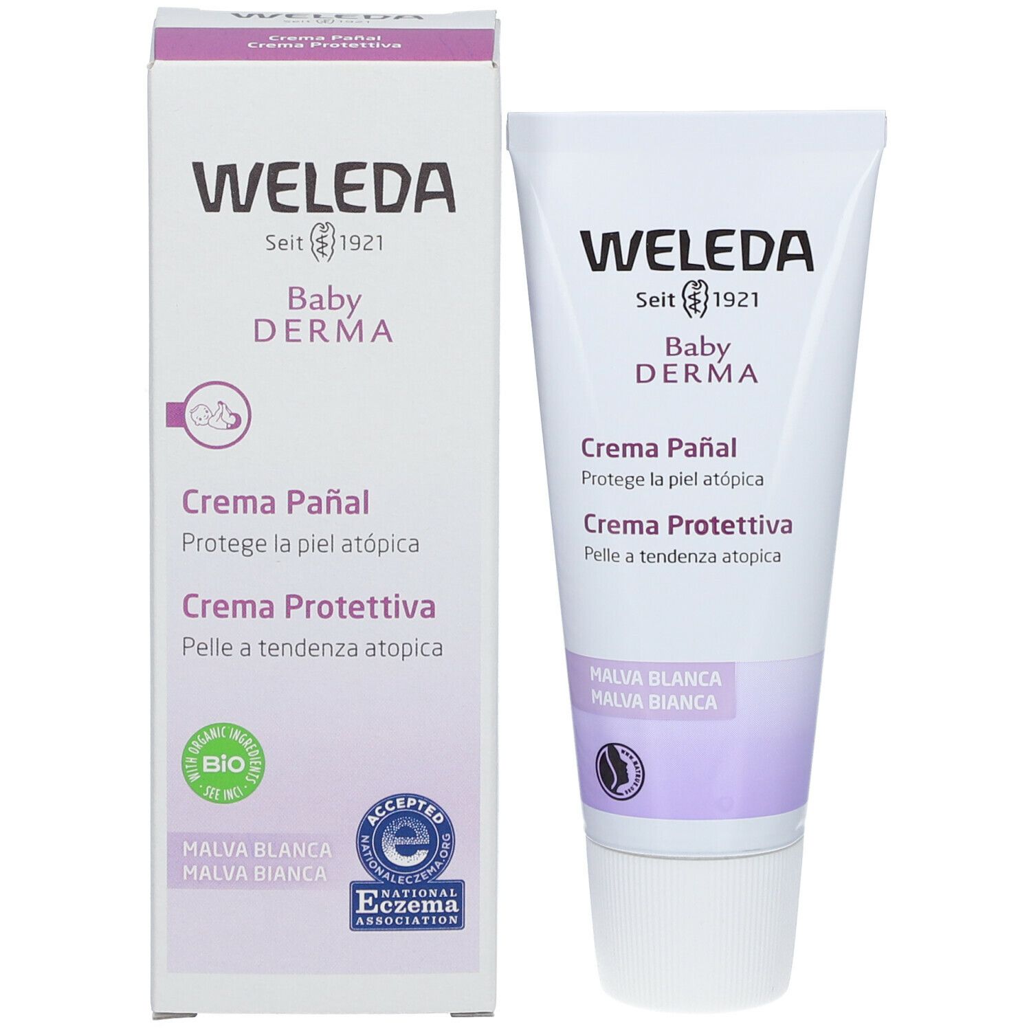 Weleda Baby Derma Creme Pañal. Tube mit Text und Logos. Rückseite mit Anwendungsanweisungen.