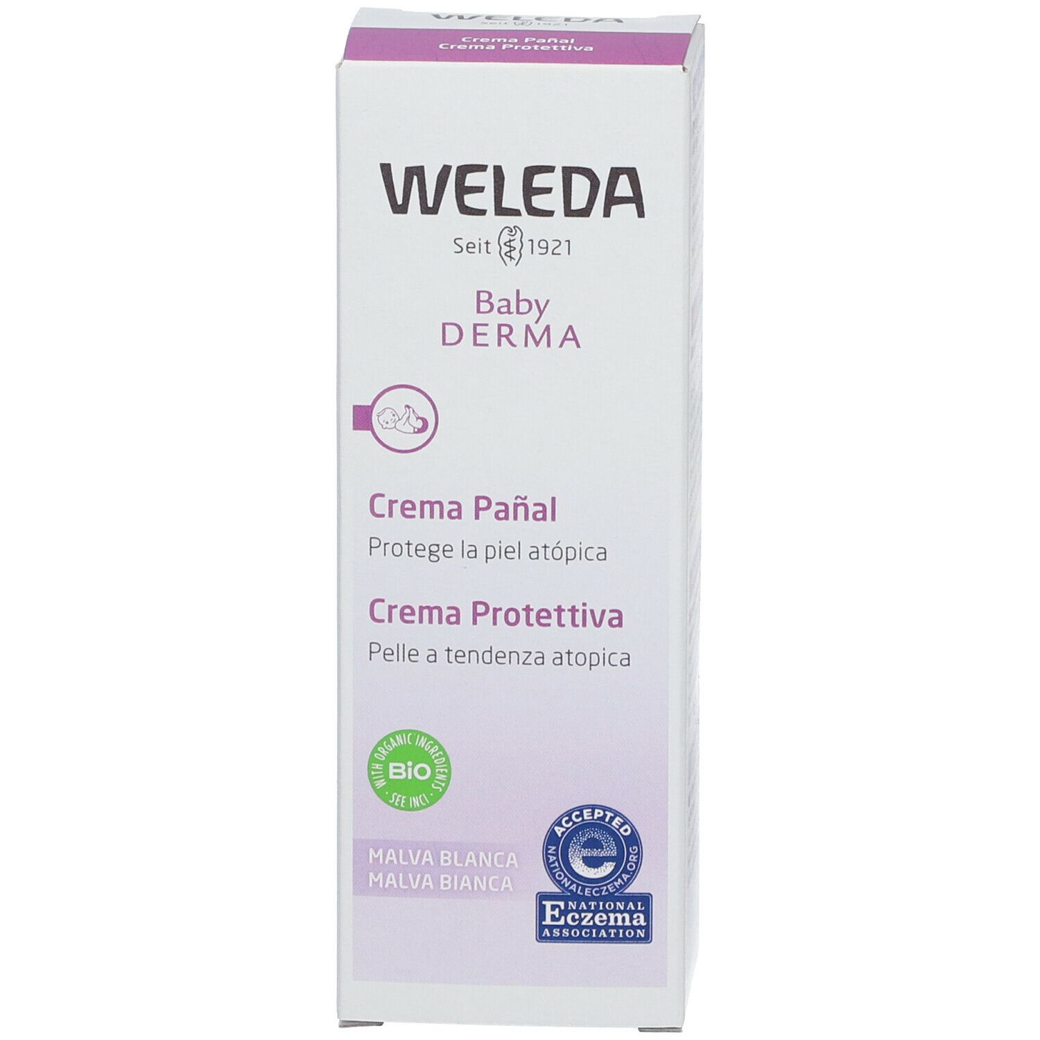 Weleda Baby Derma Creme Pañal. Verpackung mit Text und Logos. Seite mit Produktinformationen.