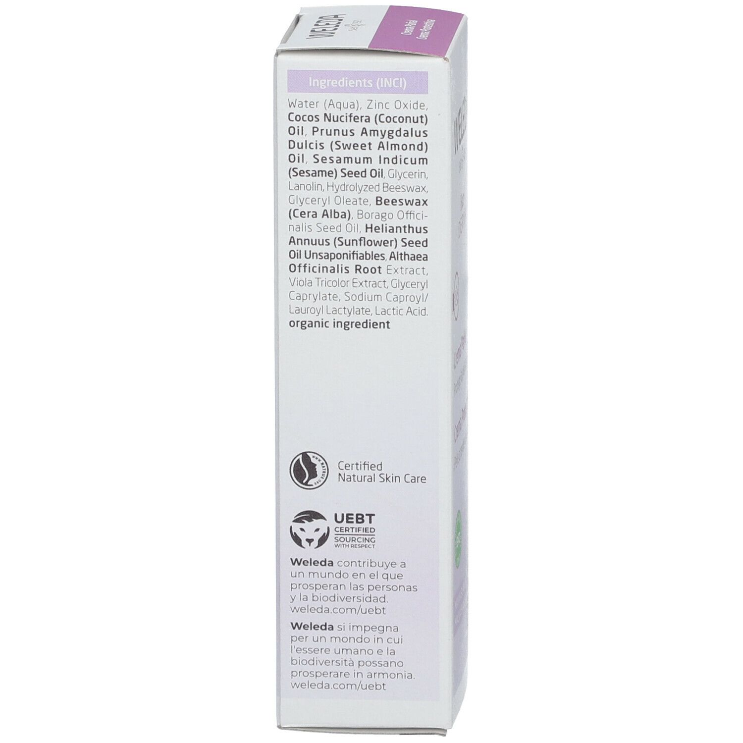 Weleda Baby Derma Creme Pañal. Verpackung mit Text und Logos. Seite mit Produktinformationen.