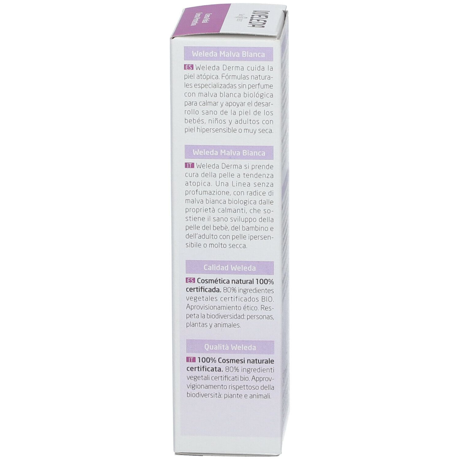 Weleda Baby Derma Creme Pañal. Verpackung mit Text und Logos. Seite mit Produktinformationen.