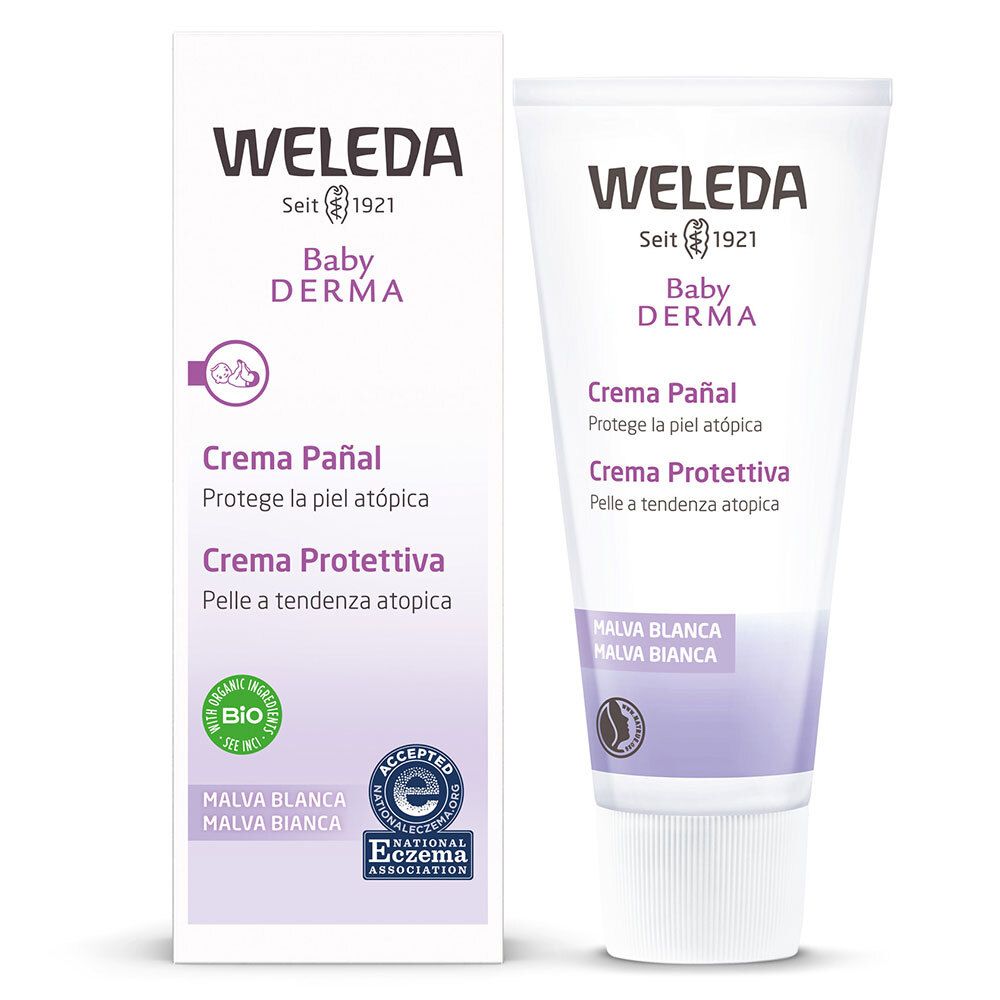 Weleda Baby Derma Creme Pañal und Verpackung. Tube und Schachtel mit Text und Logos. Bio-Siegel.