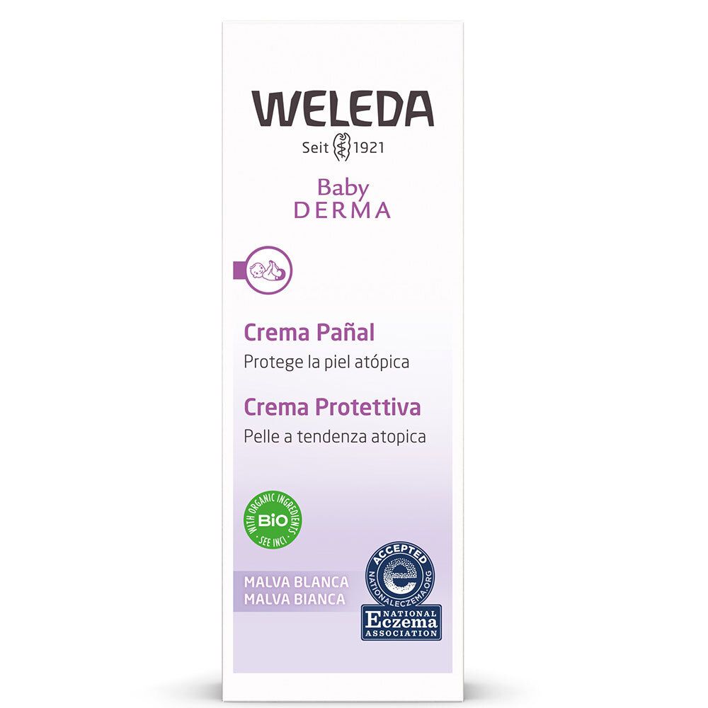 Weleda Baby Derma Creme Pañal. Verpackung mit Text und Logos. Bio-Siegel und Eczema Association Logo.