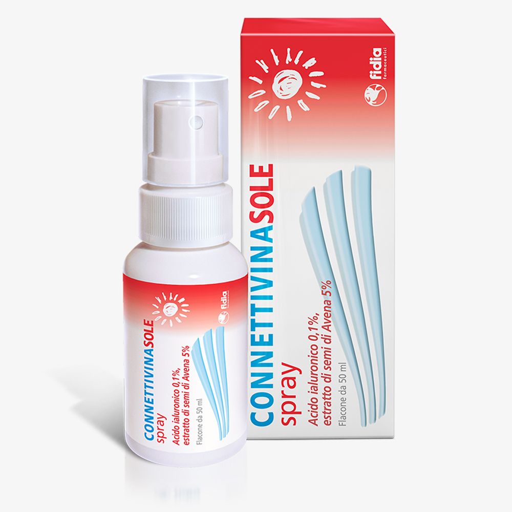 Flacone e scatola Connettivinasole Spray. Erogatore bianco con etichetta rossa e simbolo sole.