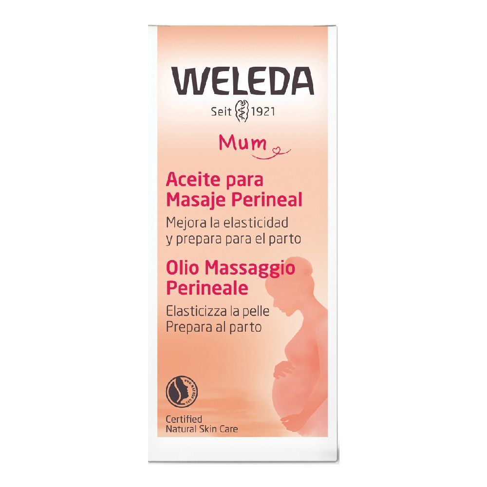 Weleda Mum Öl. Flasche mit Etikett. Text: Aceite para Masaje Perineal, Olio Massaggio Perineale. Zertifiziertes Naturkosmetik.