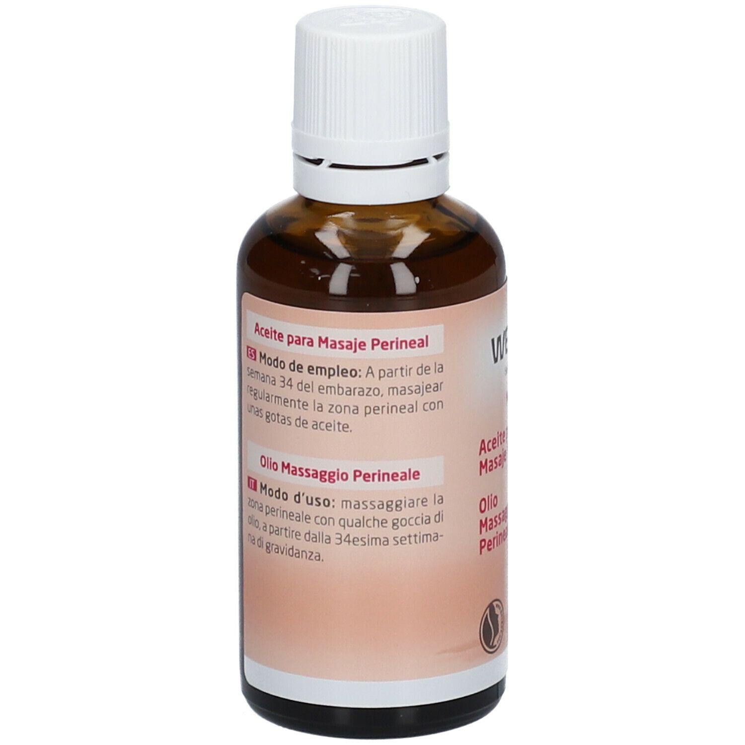 Weleda Mum Öl. Braune Glasflasche mit weißem Deckel. Text: Aceite para Masaje Perineal, Olio Massaggio Perineale. 50 ml. Rückseite.
