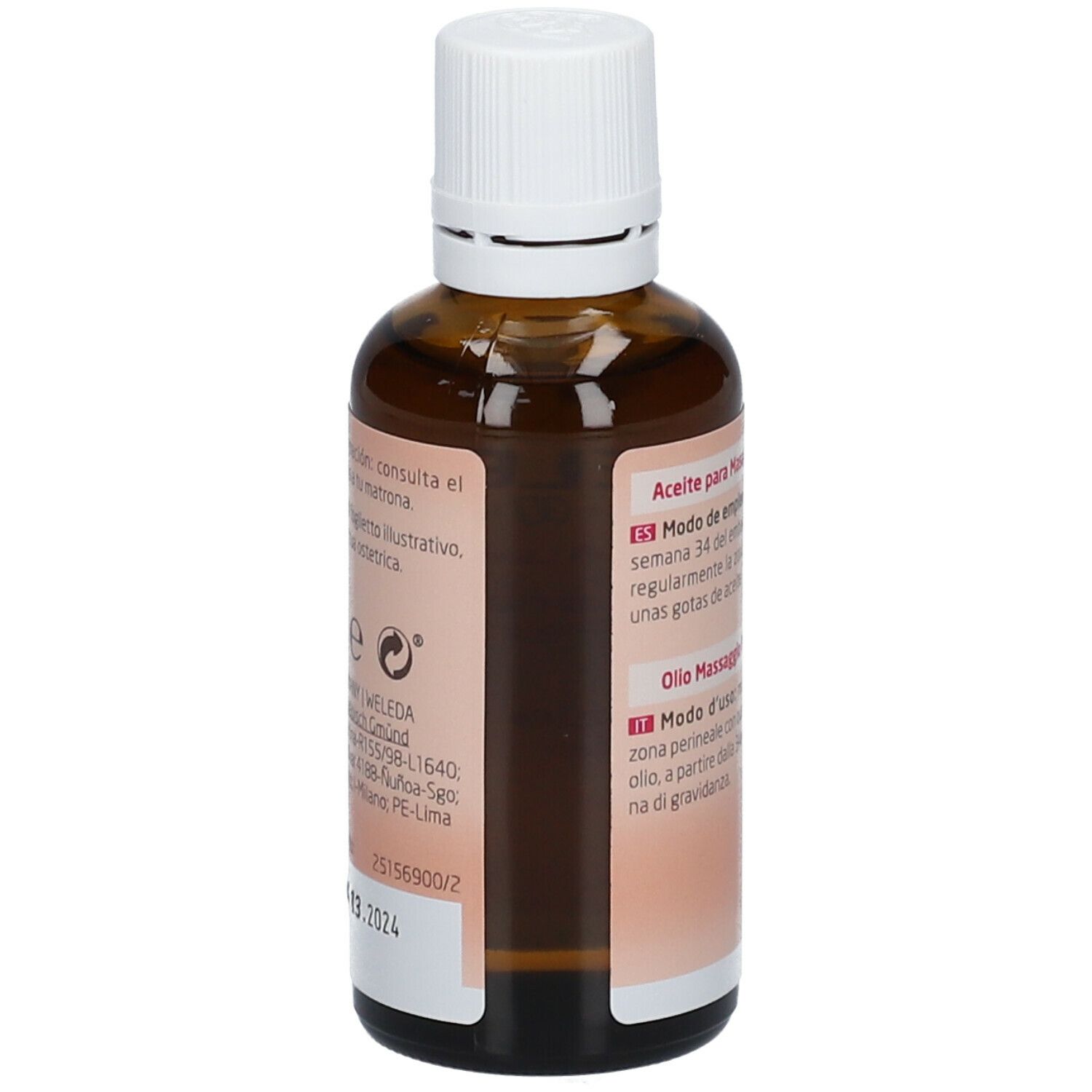 Weleda Mum Öl. Braune Glasflasche mit weißem Deckel. Text: Aceite para Masaje Perineal, Olio Massaggio Perineale. 50 ml. Rückseite.