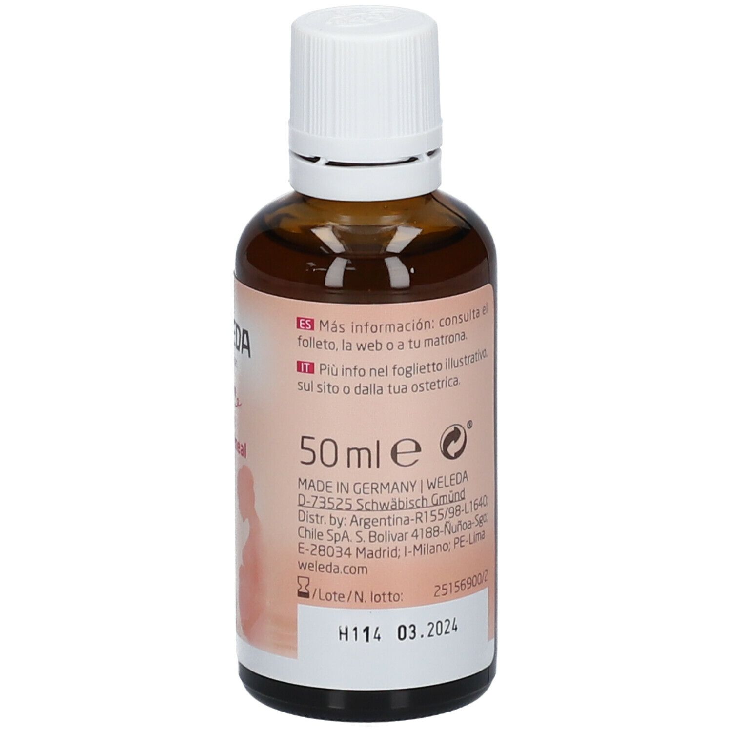 Weleda Mum Öl. Braune Glasflasche mit weißem Deckel. Text: Aceite para Masaje Perineal, Olio Massaggio Perineale. 50 ml.