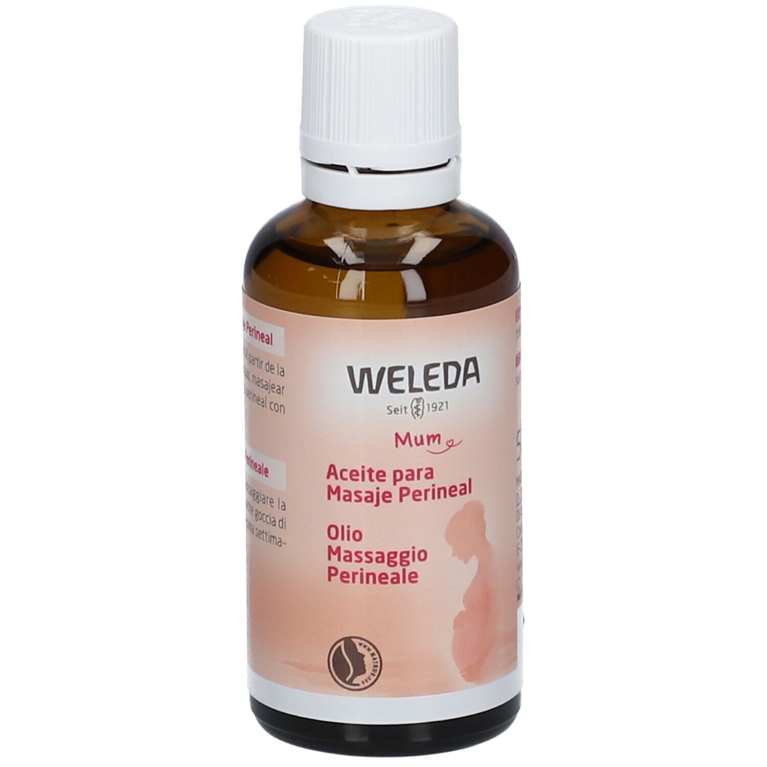 Weleda Mum Öl. Braune Glasflasche mit weißem Deckel. Text: Aceite para Masaje Perineal, Olio Massaggio Perineale. 50 ml.