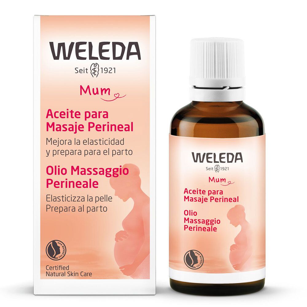 Weleda Mum Öl und Verpackung. Braune Glasflasche mit weißem Deckel. Text: Aceite para Masaje Perineal, Olio Massaggio Perineale.