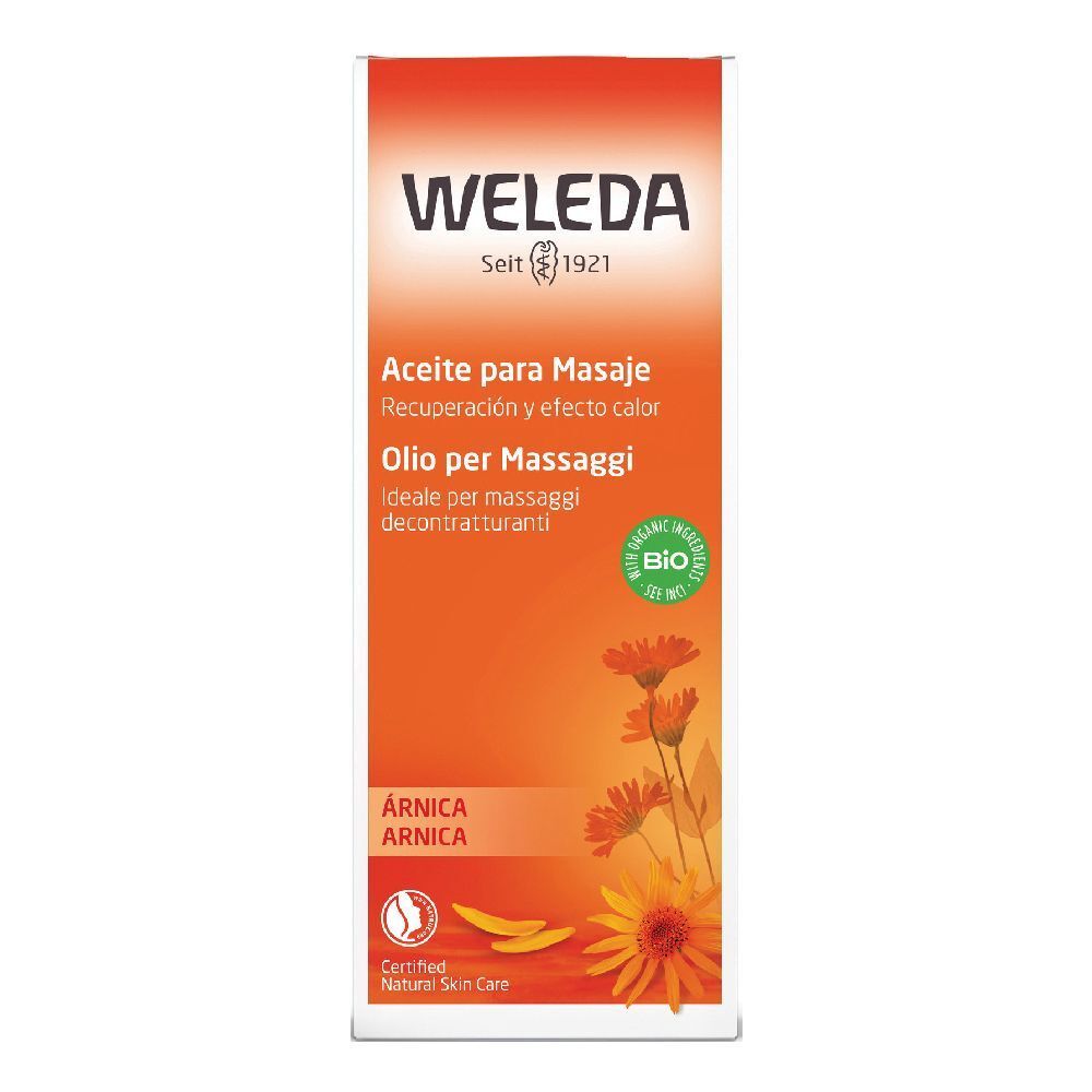 Confezione Weleda arancione con testo e illustrazioni. Certificazione cosmetica naturale.