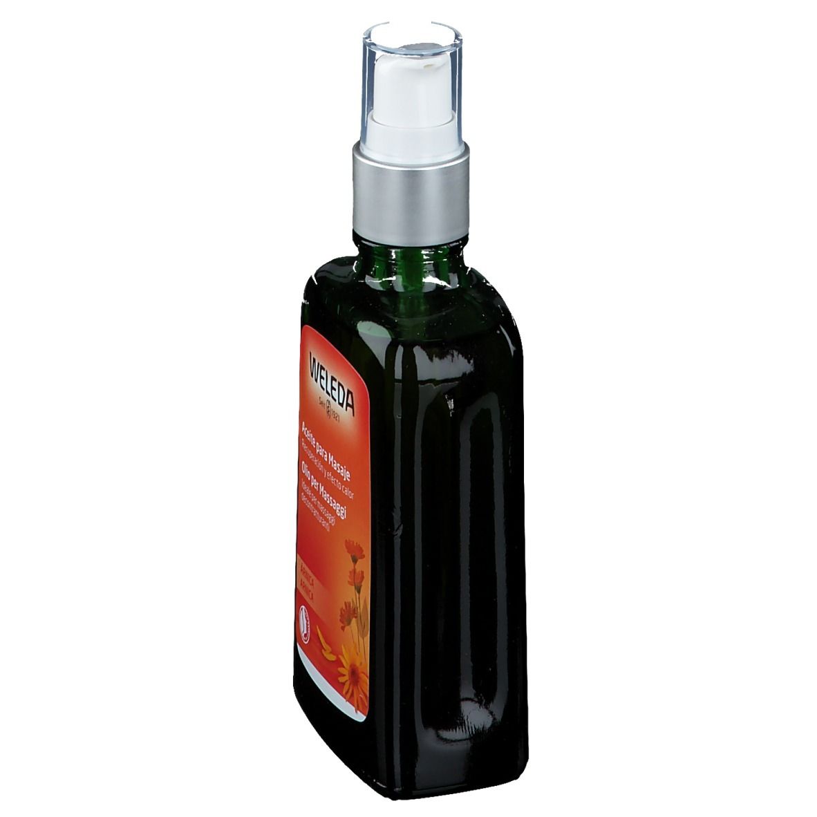 Flacone di vetro verde con vaporizzatore. Logo Weleda e nome del prodotto su etichetta arancione.