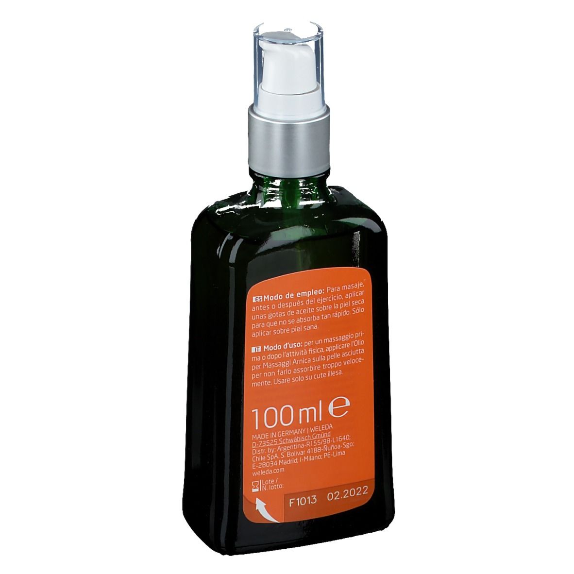 Flacone di vetro verde con vaporizzatore. Retro con testo, 100ml. Data di produzione.