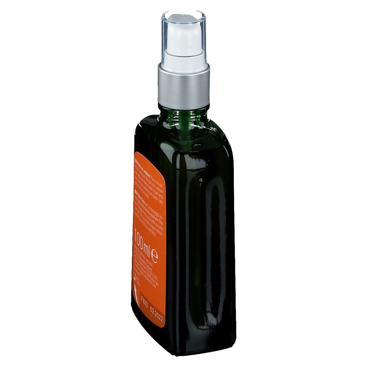 Flacone di vetro verde con vaporizzatore. Retro con testo, 100ml. Data di produzione.