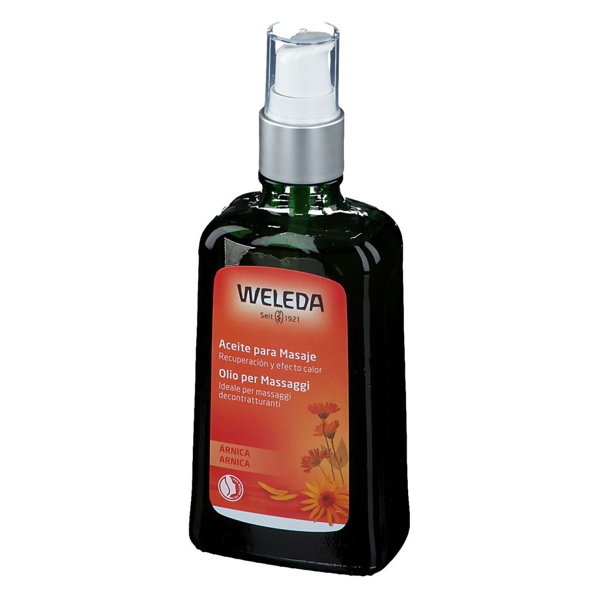 Flacone di vetro verde con vaporizzatore. Logo Weleda e nome del prodotto su etichetta arancione.