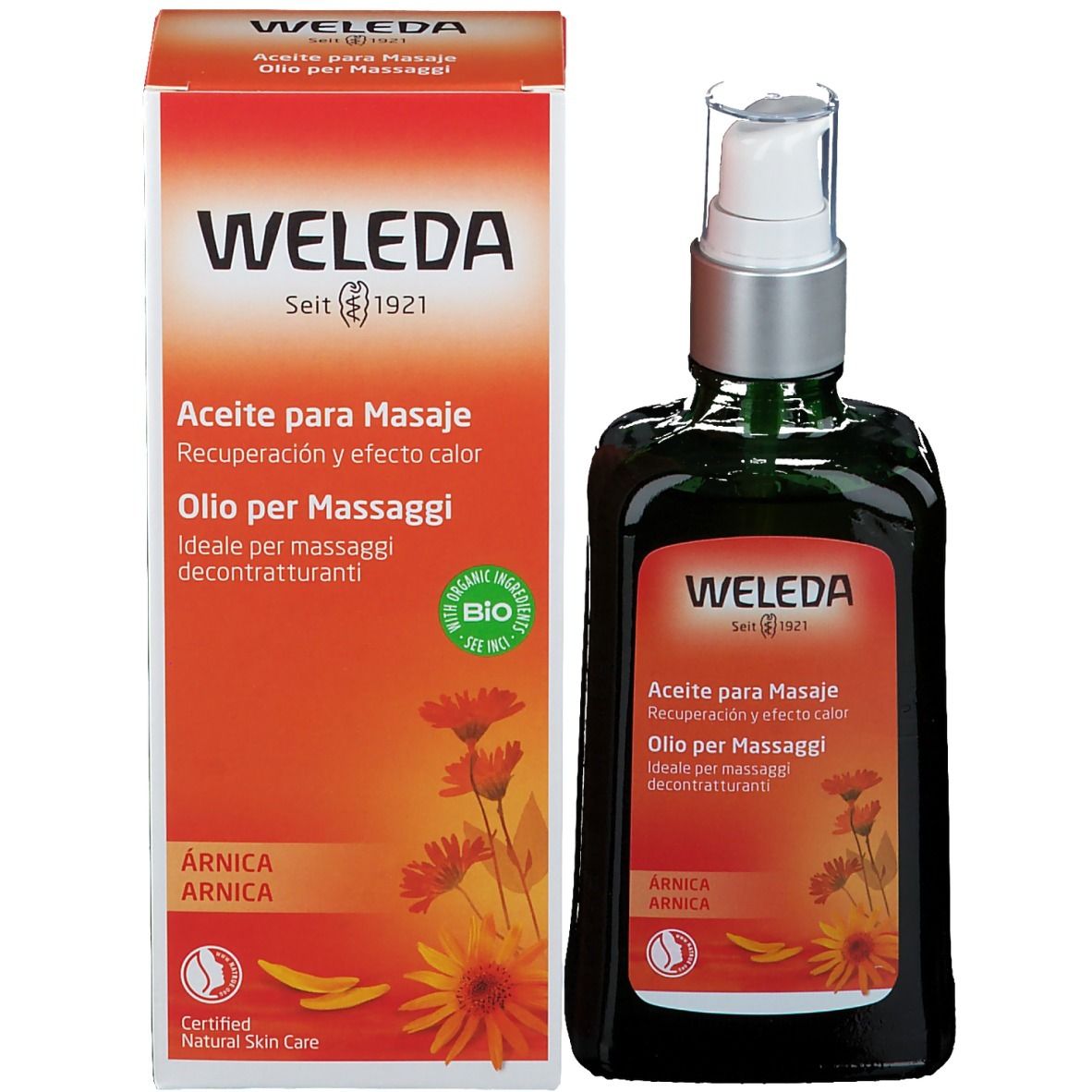 Flacone di vetro verde con vaporizzatore e confezione. Logo Weleda e nome del prodotto.