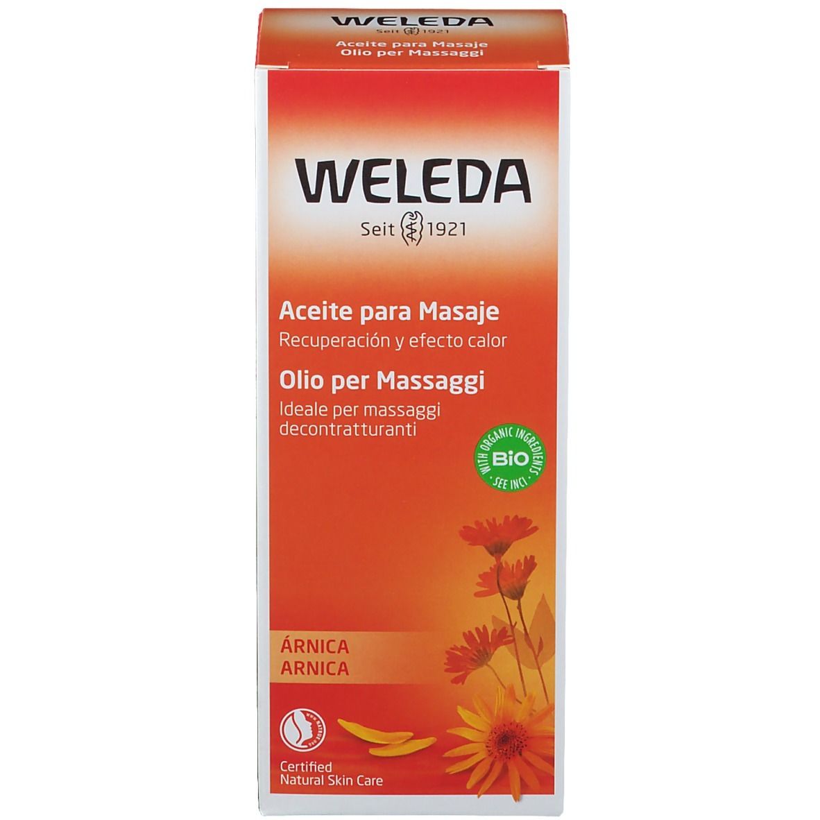 Confezione Weleda arancione con testo e illustrazioni. Certificazione cosmetica naturale.