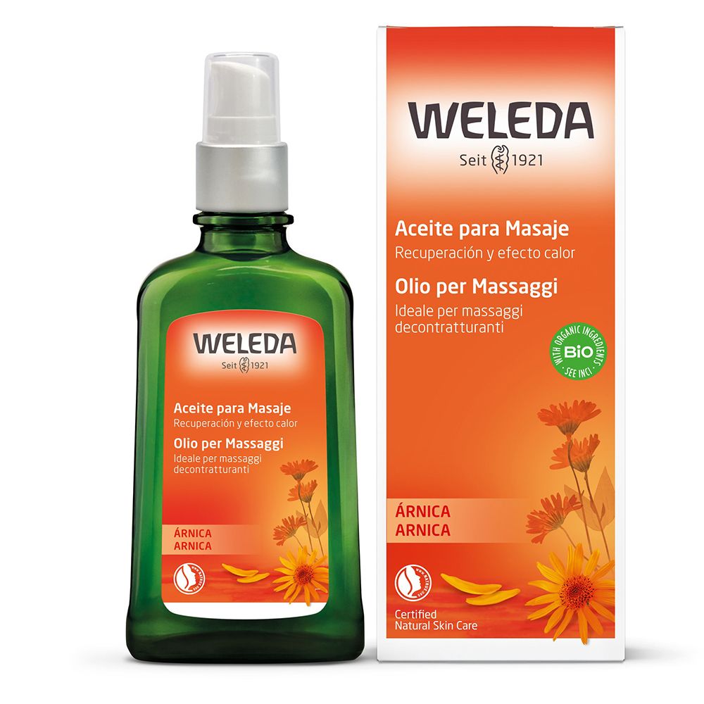 Flacone di vetro verde con vaporizzatore e confezione. Logo Weleda e nome del prodotto.