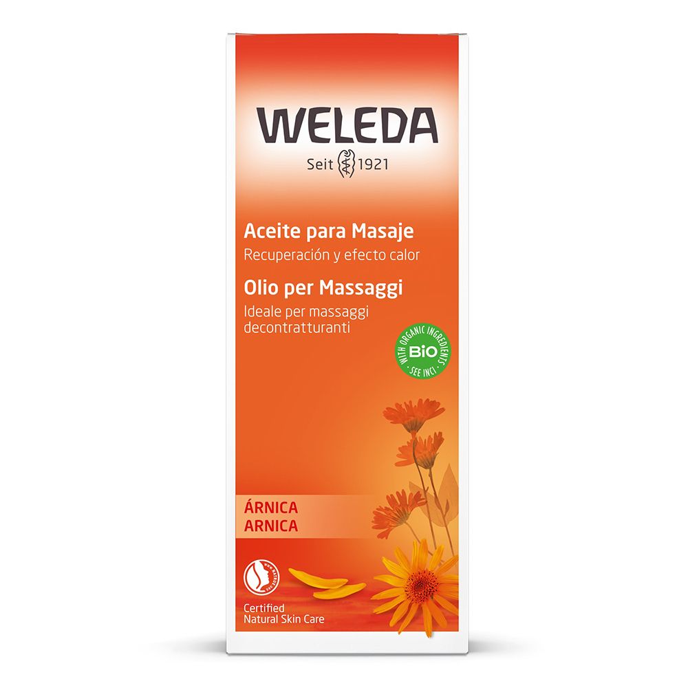 Confezione Weleda arancione con testo e illustrazioni. Certificazione cosmetica naturale.