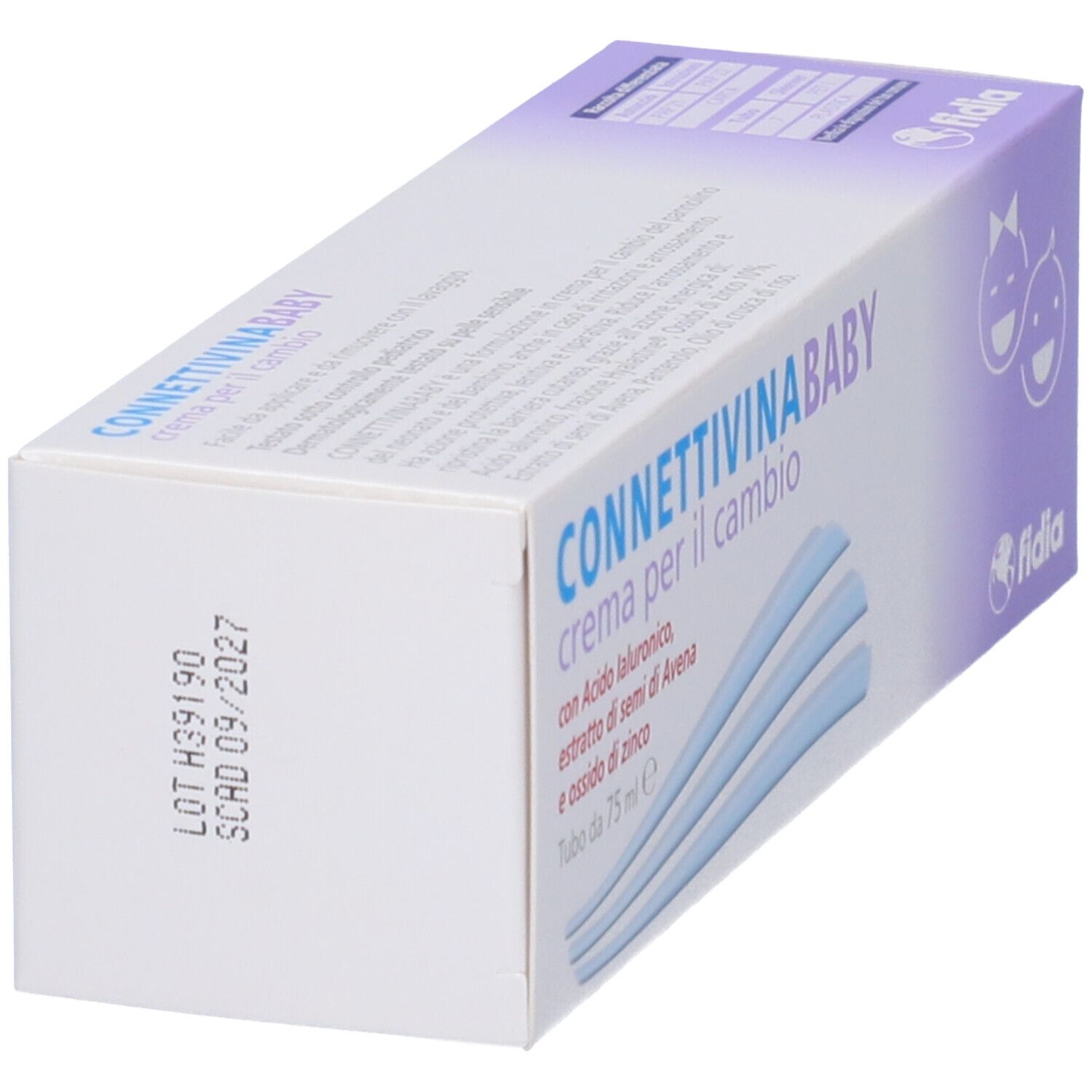 Nahaufnahme der Verpackung von CONNETTIVINA BABY. Aufschrift, Inhaltsstoffe, Logo und Haltbarkeitsdatum.